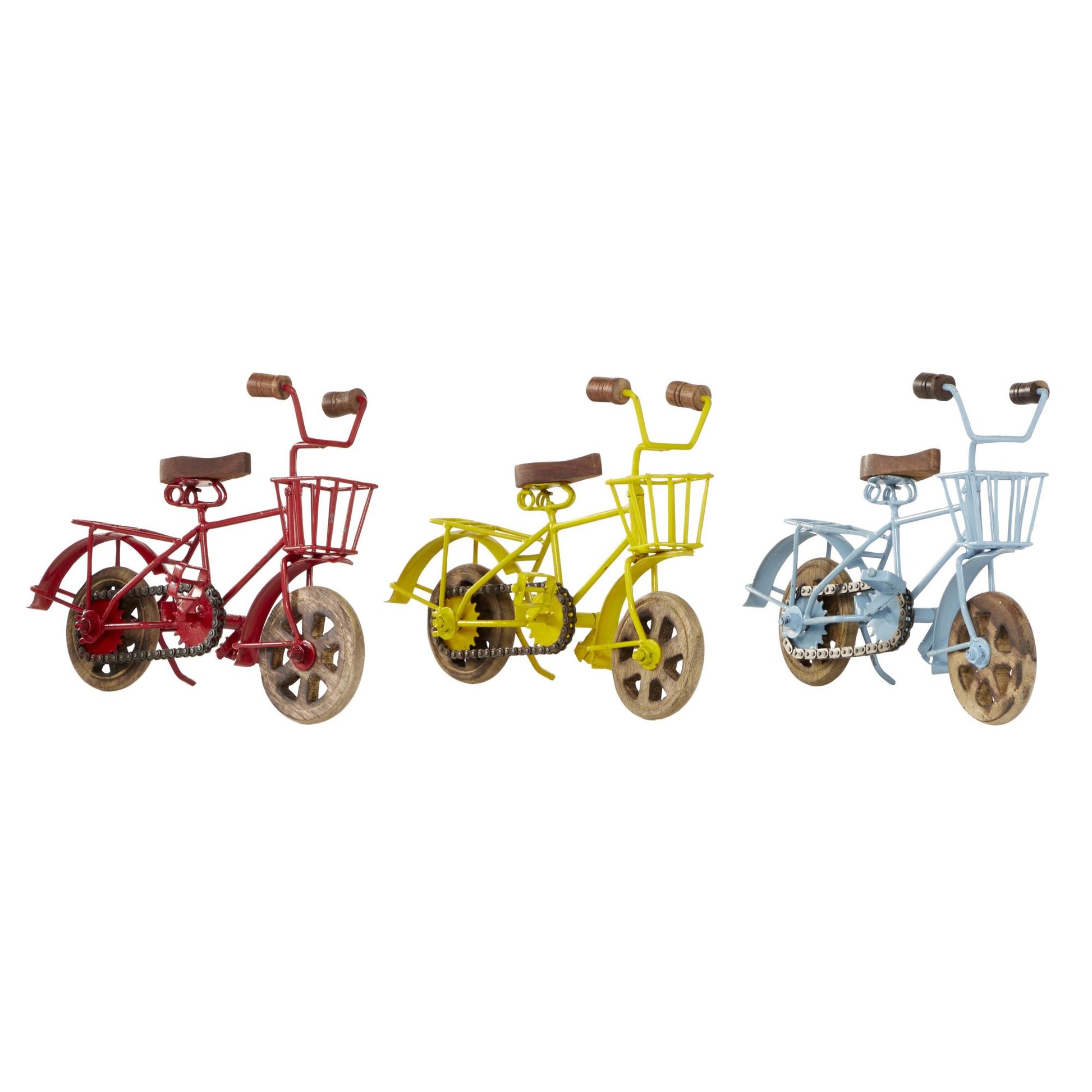 Set of 3 Bike Multi Colored Metal Decorative Sculpture with Wood Wheels