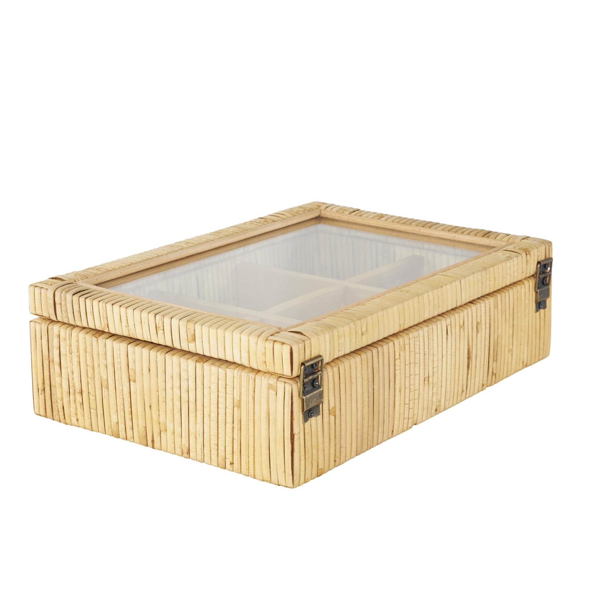 Brown Rattan Handmade Wrapped 6 Slot Decorative Jewelry Box with Tempered Glass Top