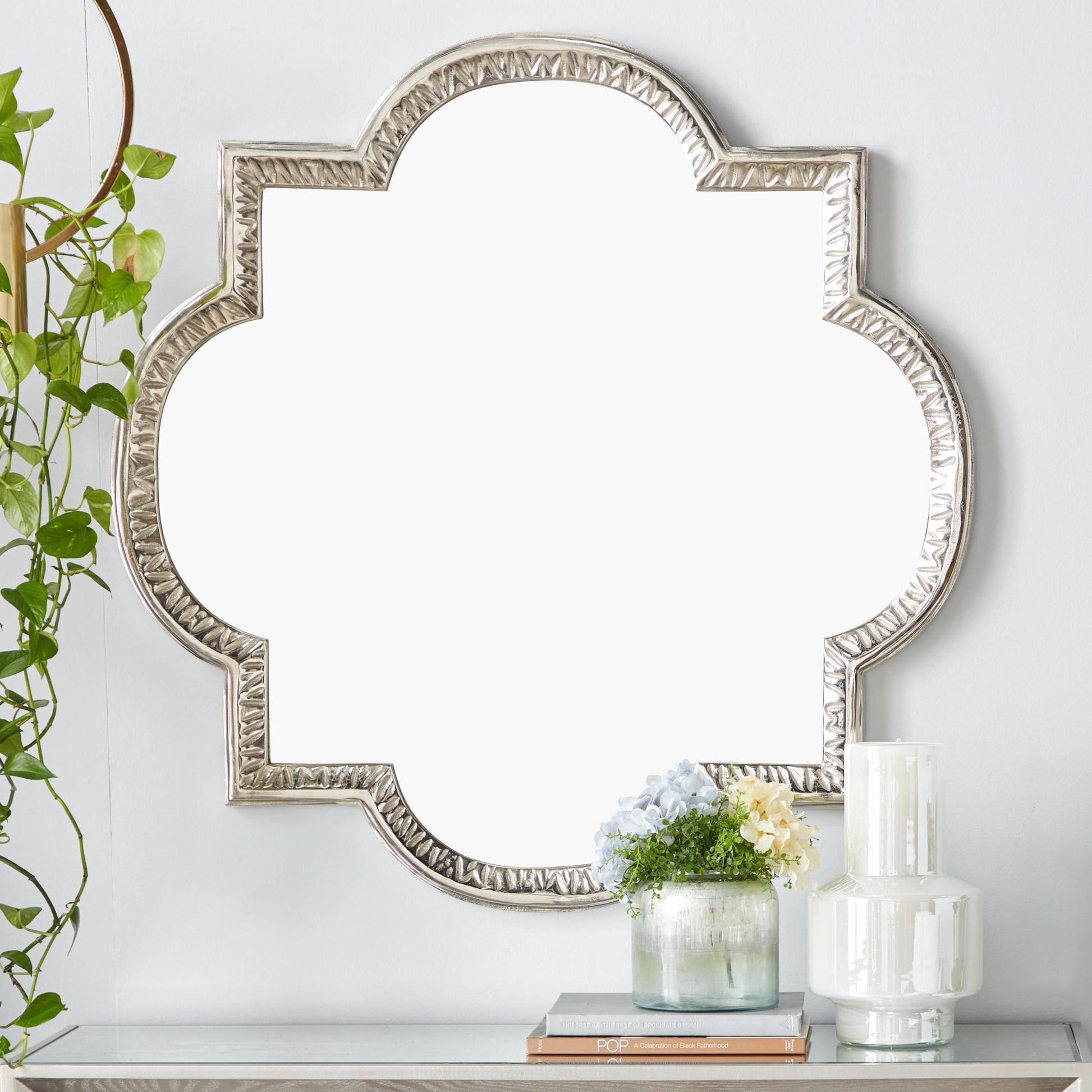 Gray Aluminum Metal Quatrefoil Engraved Room Wall Mirror