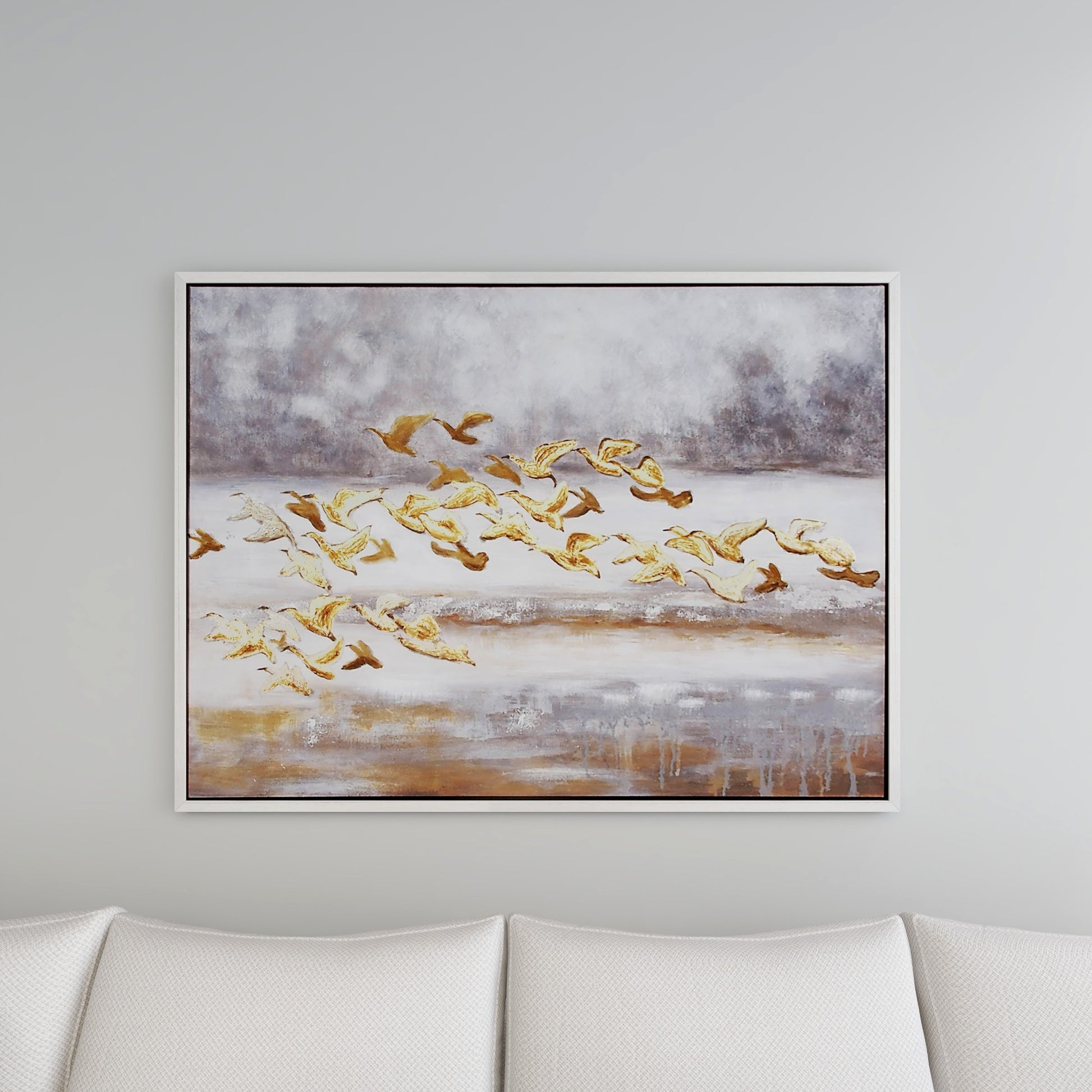 Bird Gold Canvas Living Room Framed Wall Art with Silver Frame