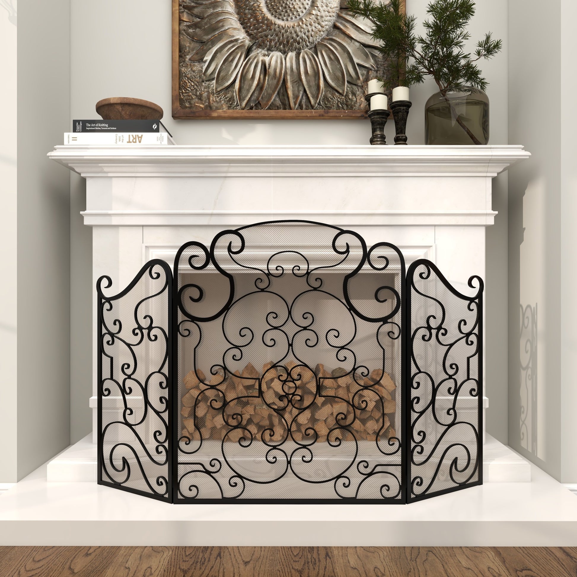 Scroll Black Metal Foldable Mesh Netting 3 Panel Living Room Fireplace Screen