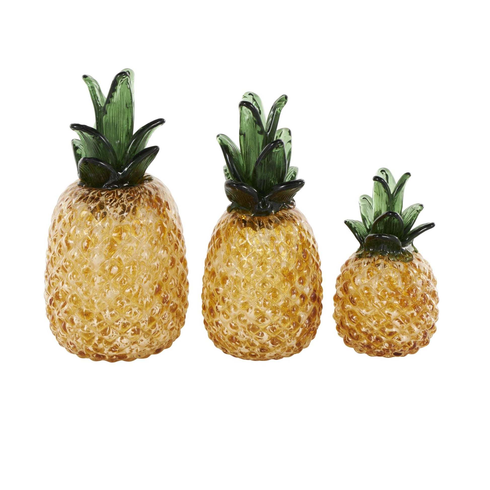Set of 3 Fruit Orange Glass Faceted Pineapple Decorative Sculpture
