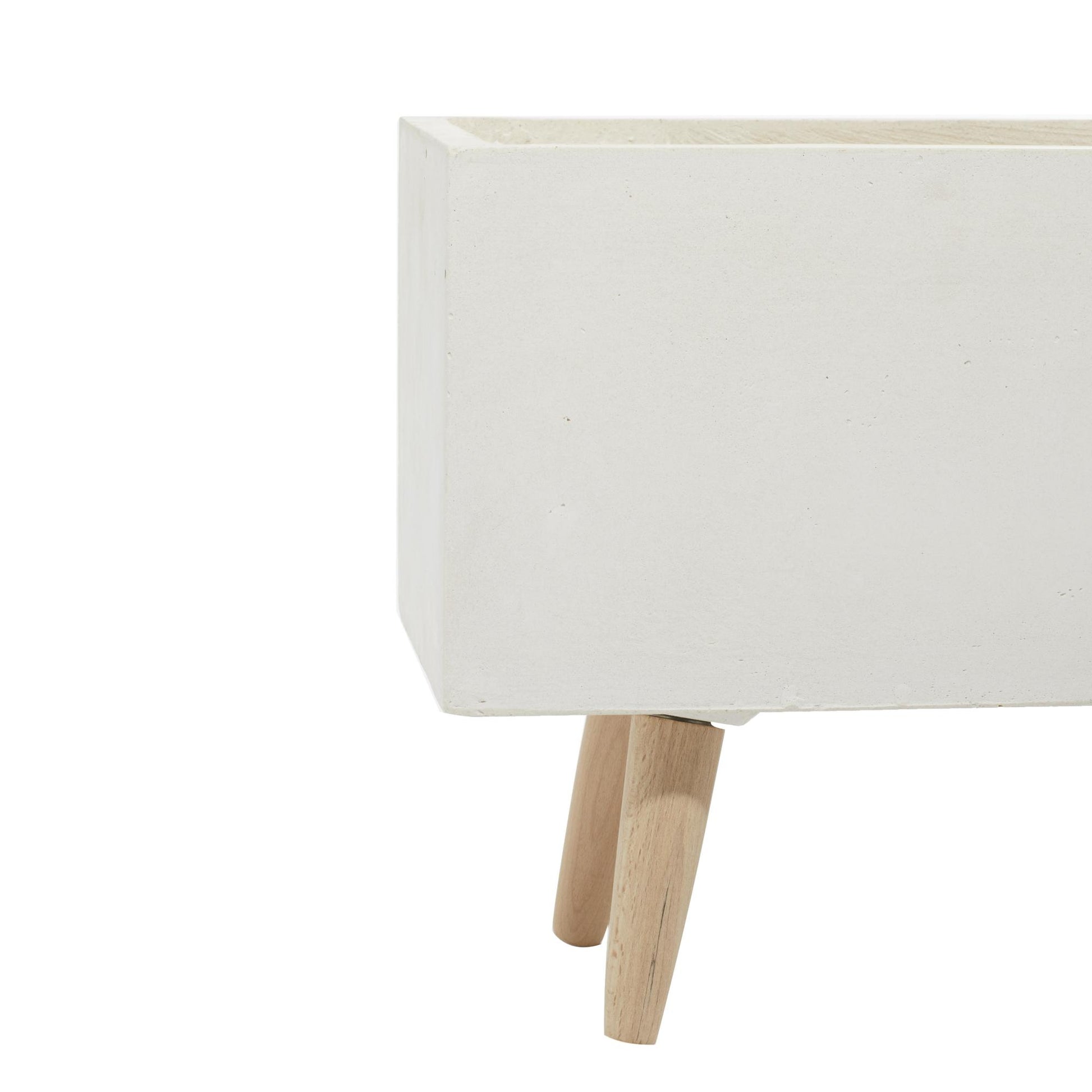 Set of 2 White Fiberclay Ceramic Rectangular Indoor Outdoor Planter with Brown Wooden Legs