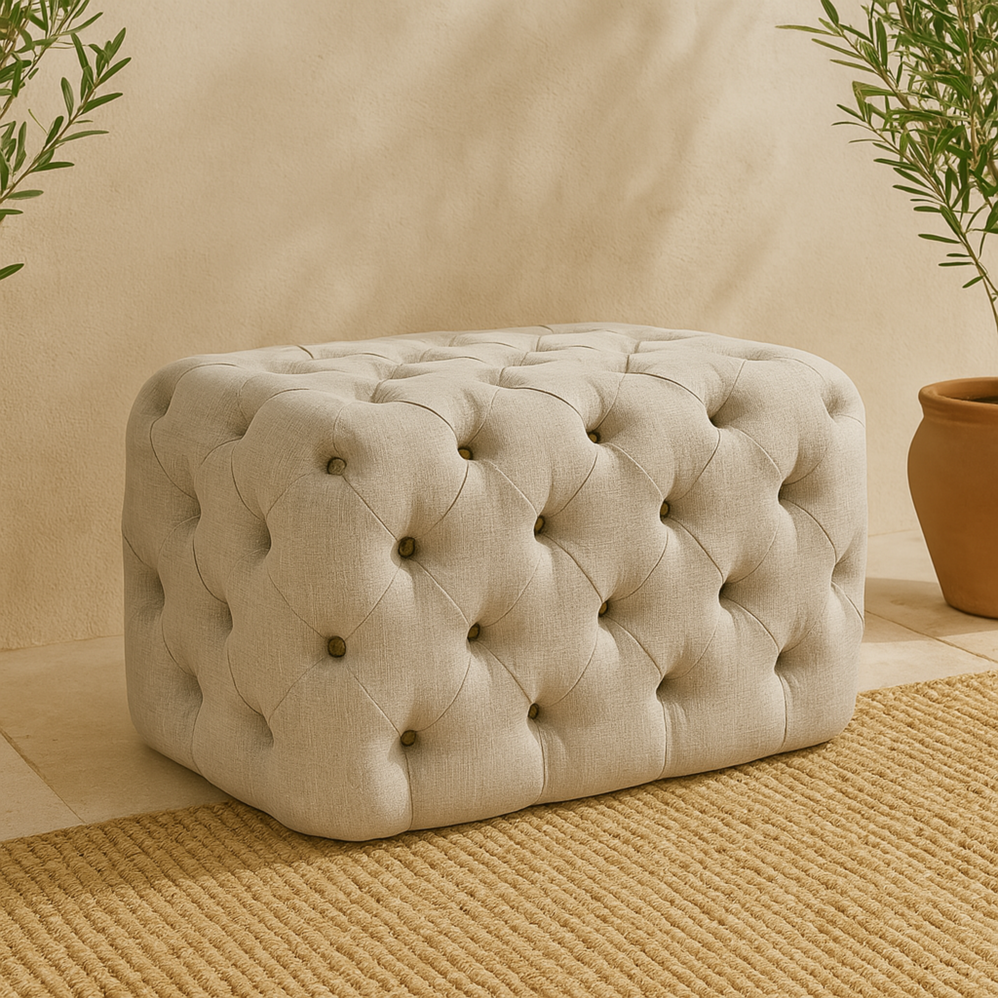 Beige Linen Fabric Tufted Room Ottoman