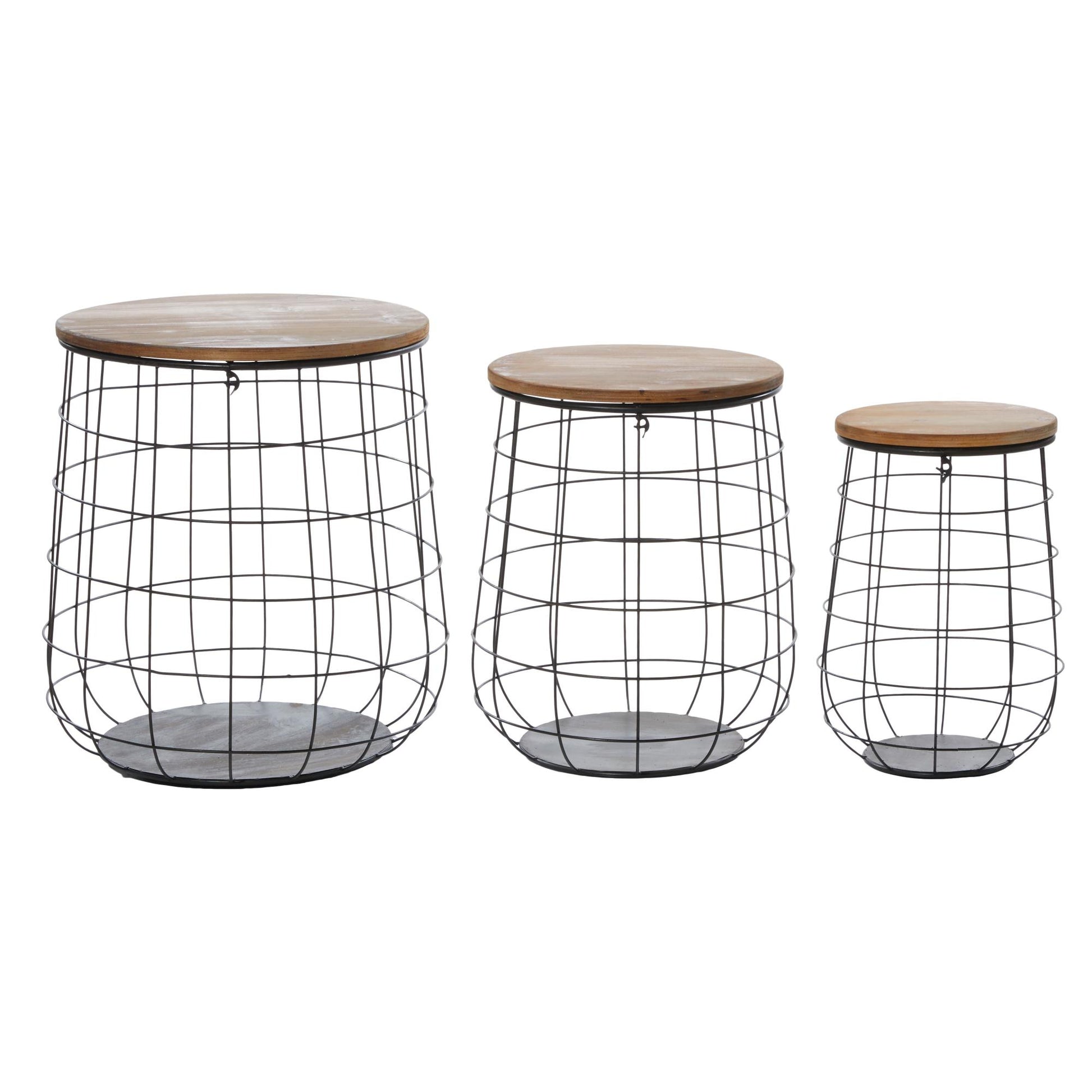 Set of 3 Black Metal Caged Decorative and Functional Storage Basket with Wooden Lift Top Lids