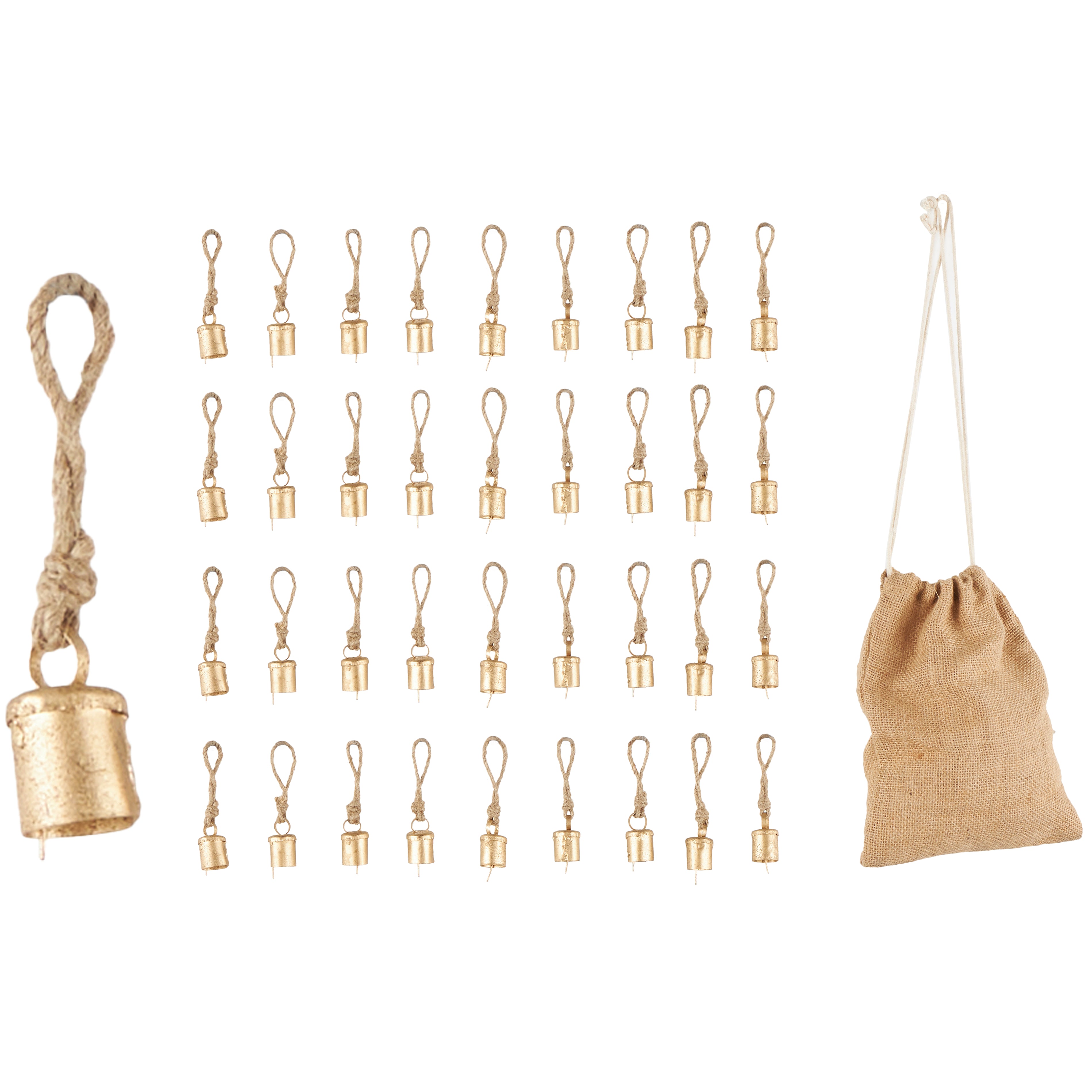 Set of 36 Bell Gold Metal Tibetan Inspired Indoor Outdoor Decorative Bells with Brown Jute Rope and Canvas Tote