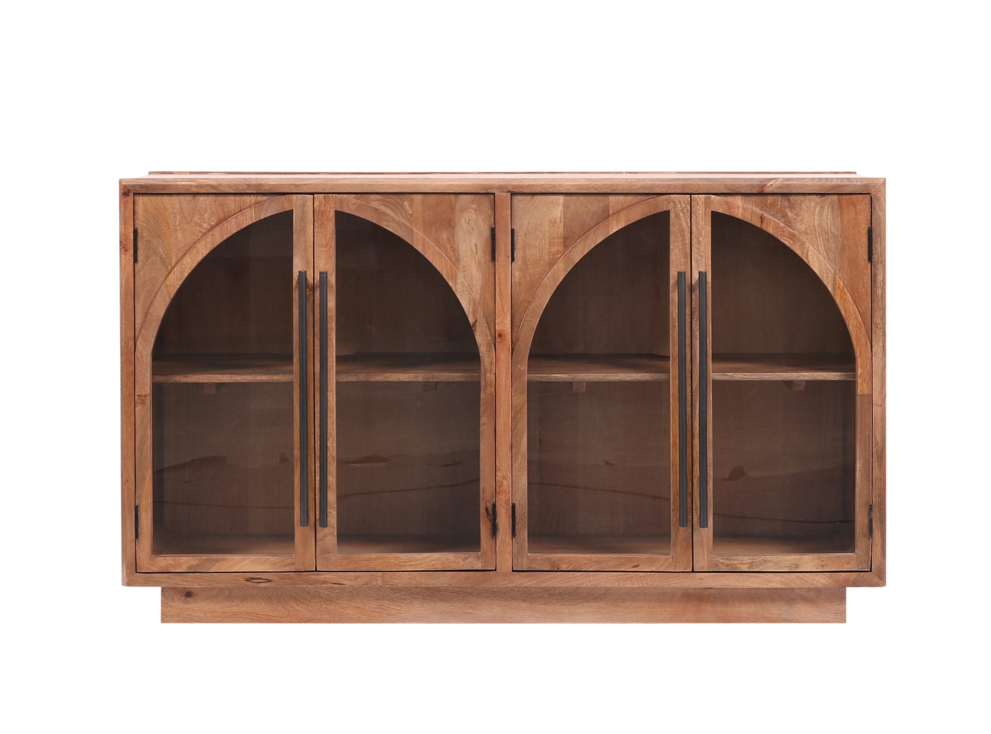 Brown Mango Wood Arched Glass Front 4 Door and 2 Shelf Media Credenza Sideboard with Extended Black Rod Handles
