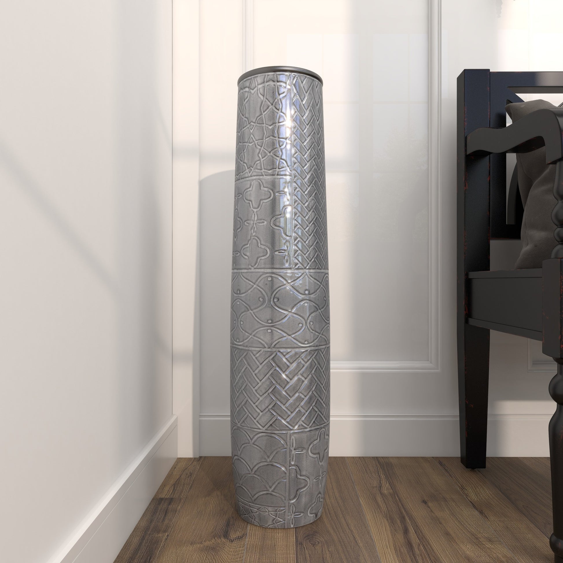 Gray Ceramic Slim Engraved Patterned Decorative Vase with Varying Patterns