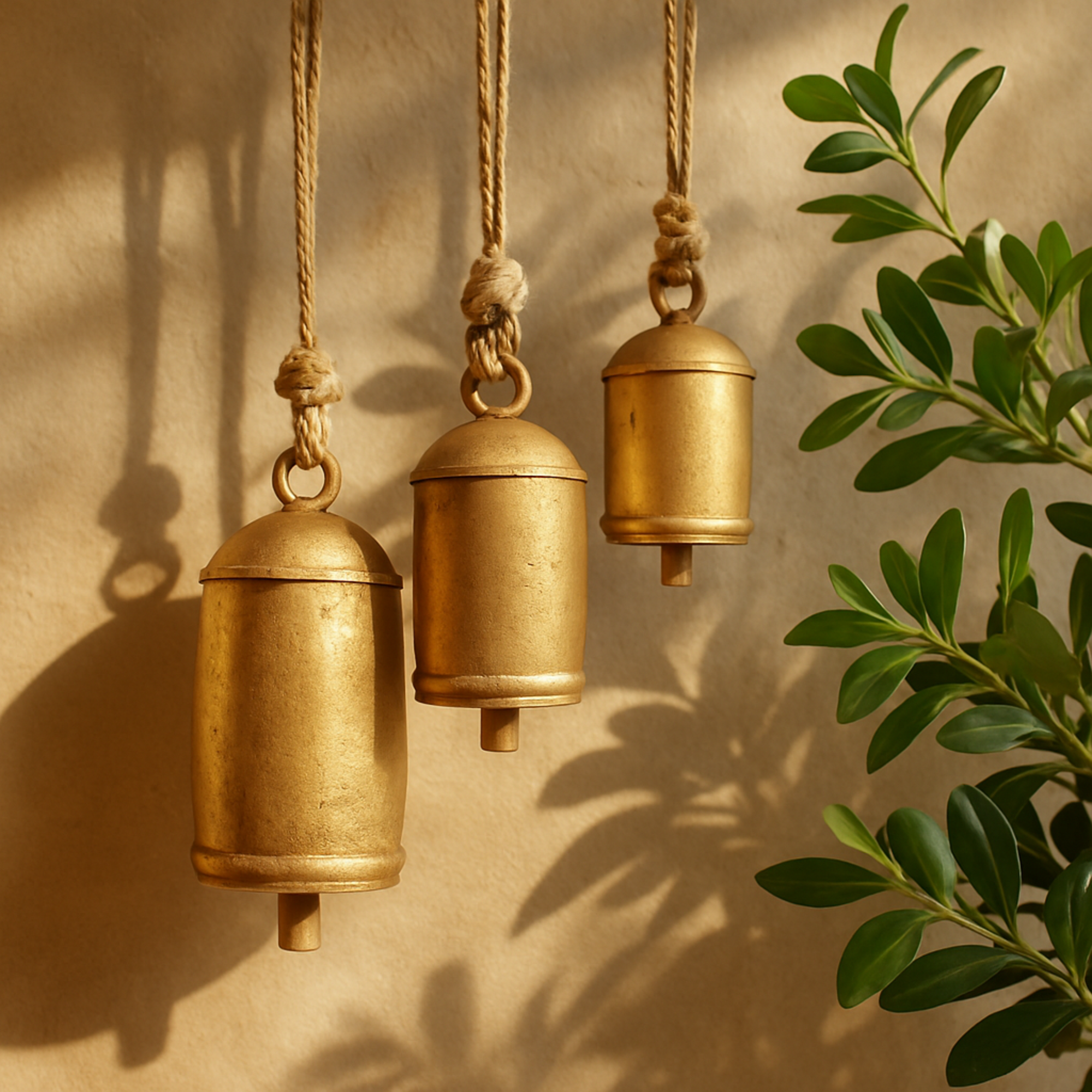 Set of 3 Metal Cluster Indoor Outdoor Decorative Cow Bells with Jute Hanging Rope Set of 3 10",8",6"H