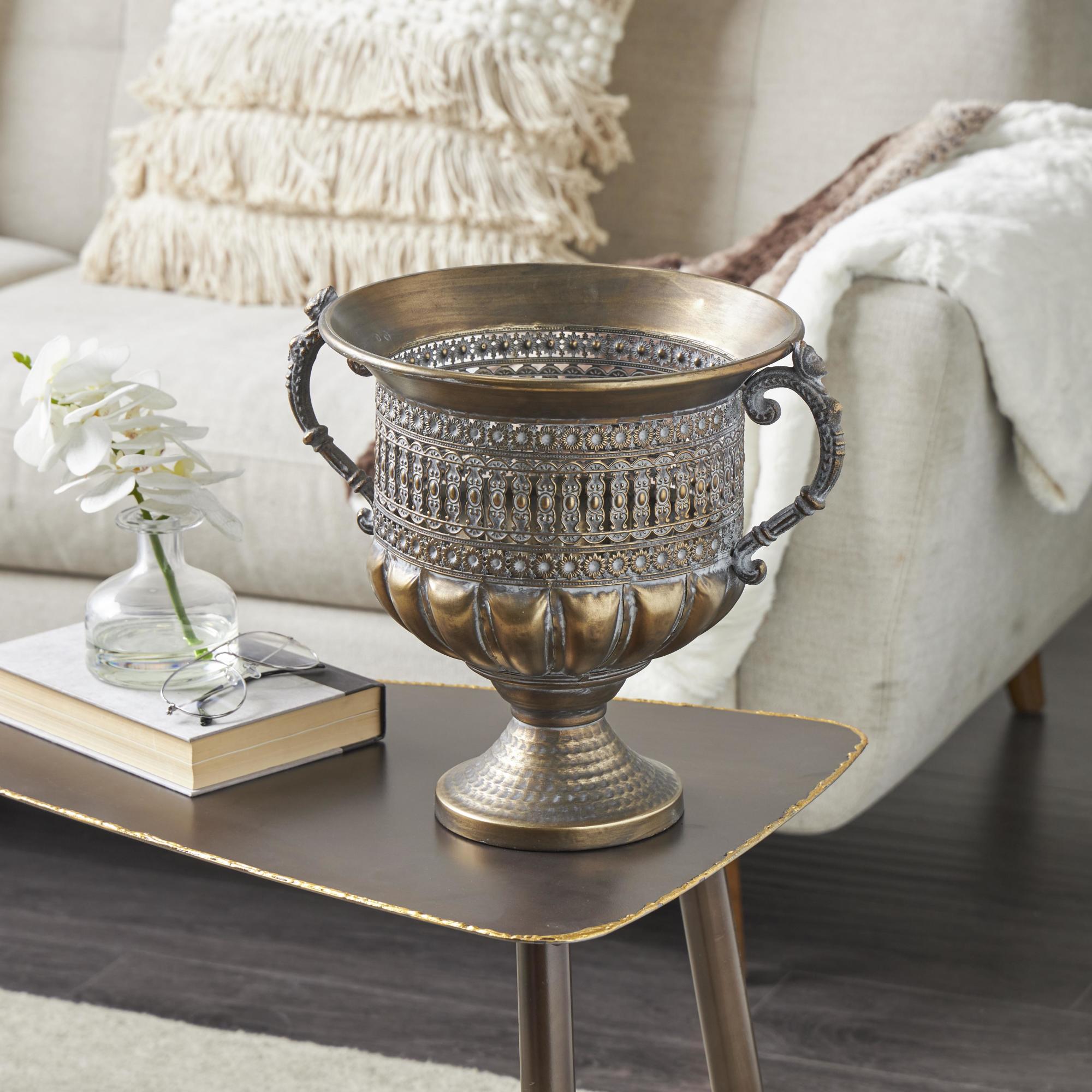 Scroll Bronze Metal Urn Shaped Decorative Vase with Cut Outs