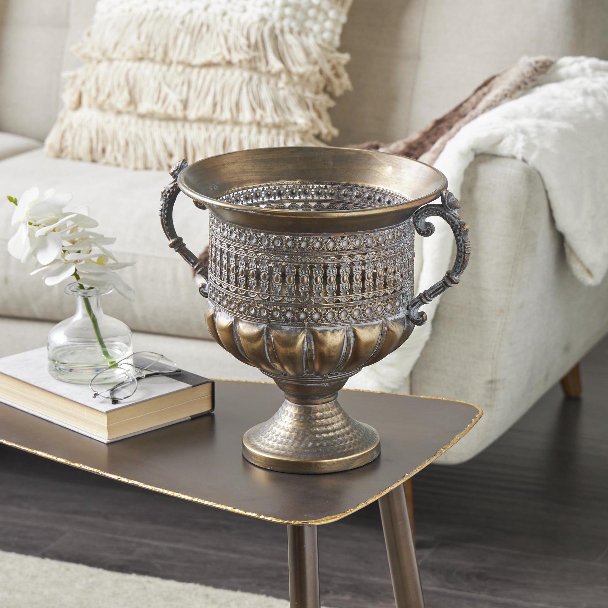 Scroll Bronze Metal Urn Shaped Decorative Vase with Cut Outs