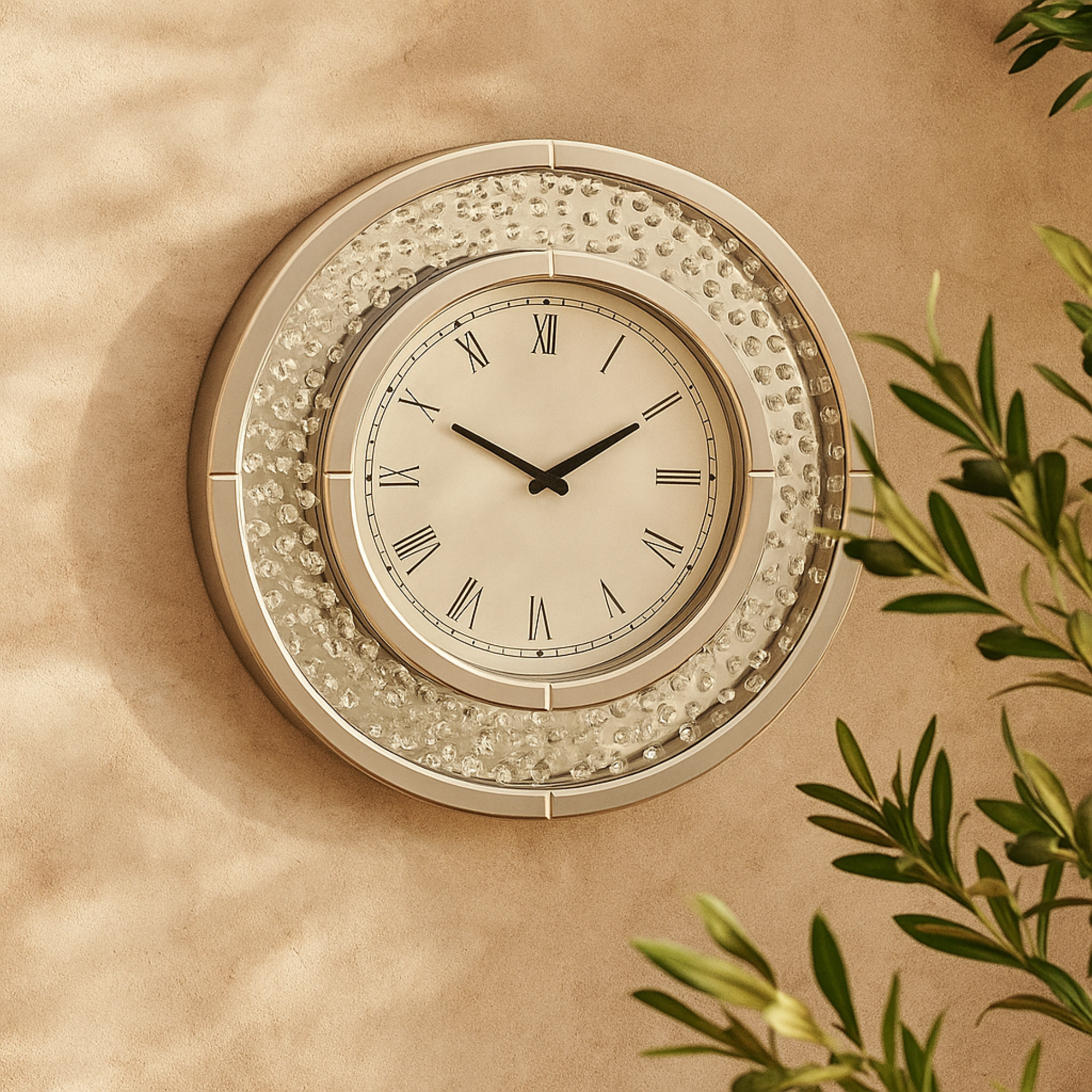 Silver Glass Beveled Mirrored Decorative Wall Clock with Floating Crystals