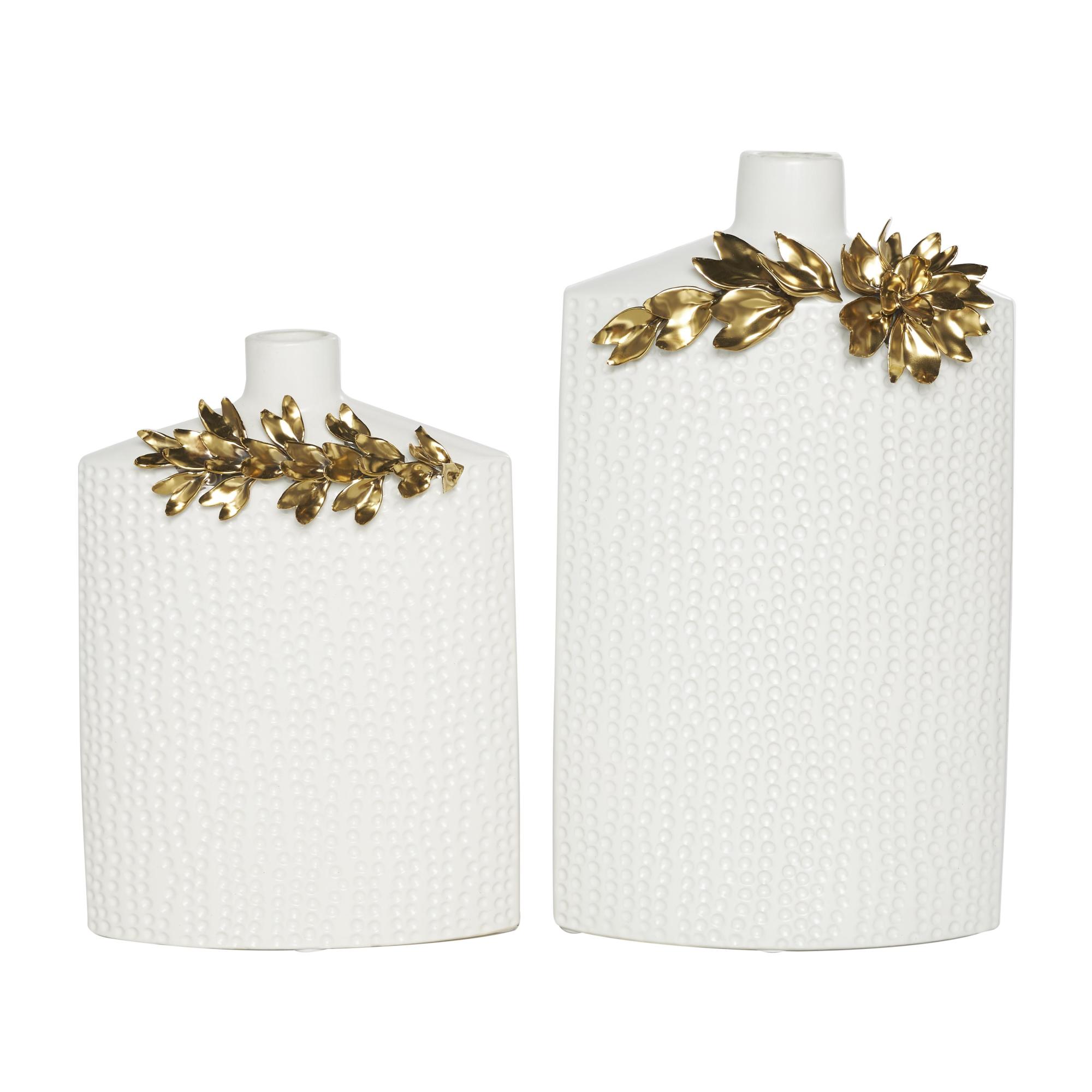 Set of 2 Leaf White Ceramic Decorative Vase with Abstract Spotted Pattern and Gold Accents