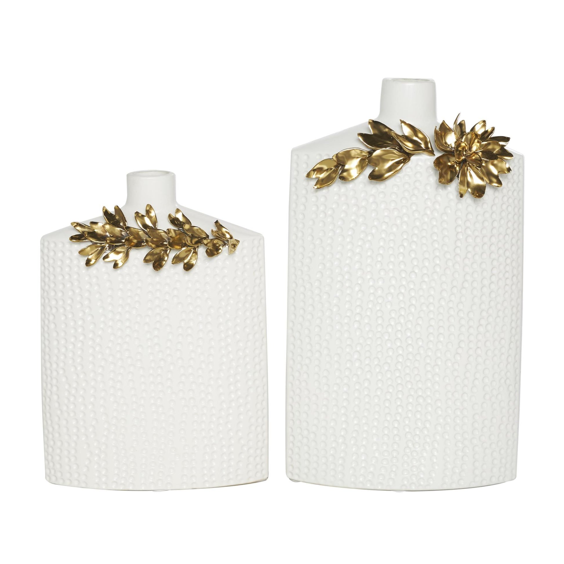 Set of 2 Leaf White Ceramic Decorative Vase with Abstract Spotted Pattern and Gold Accents