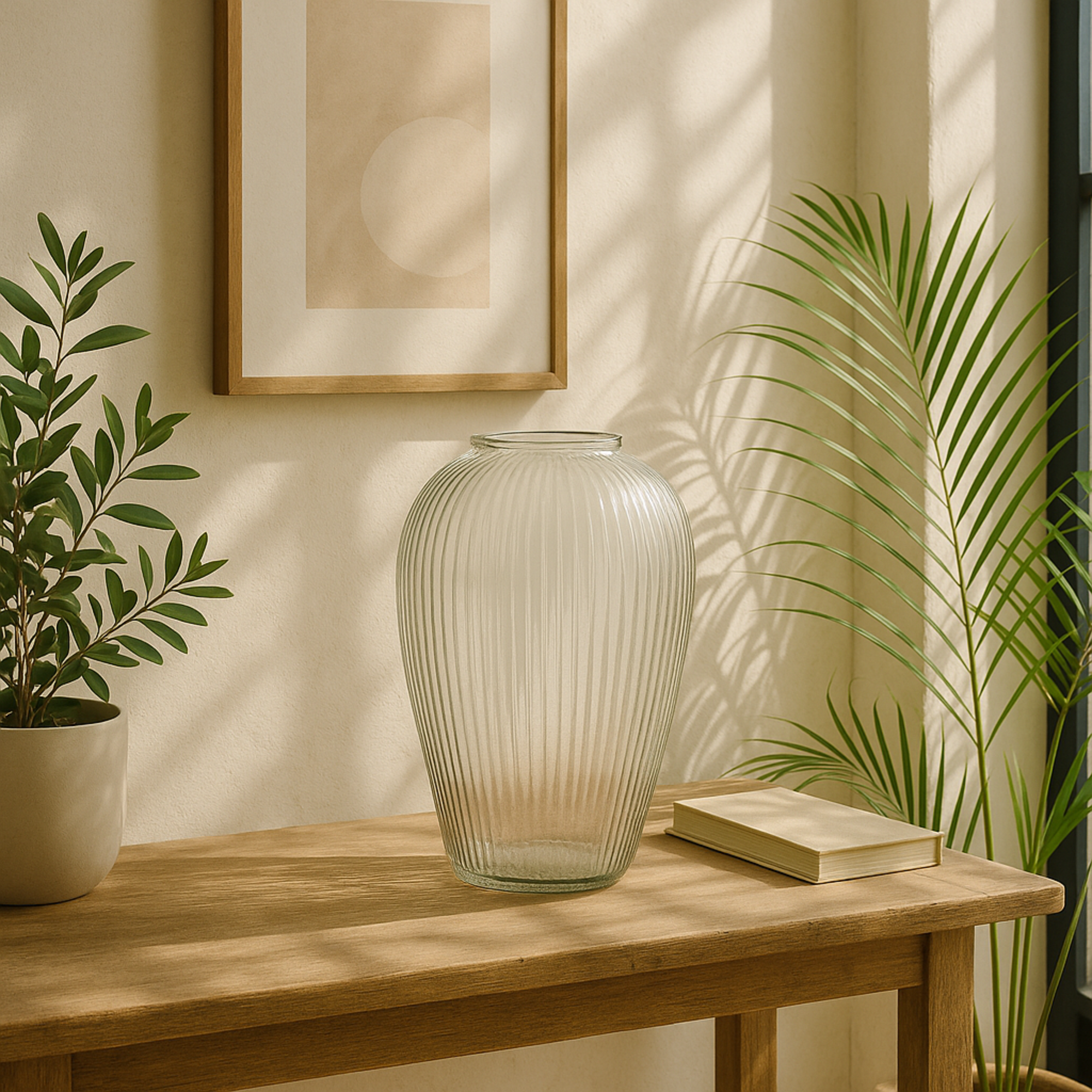 Clear Glass Ribbed Decorative Vase