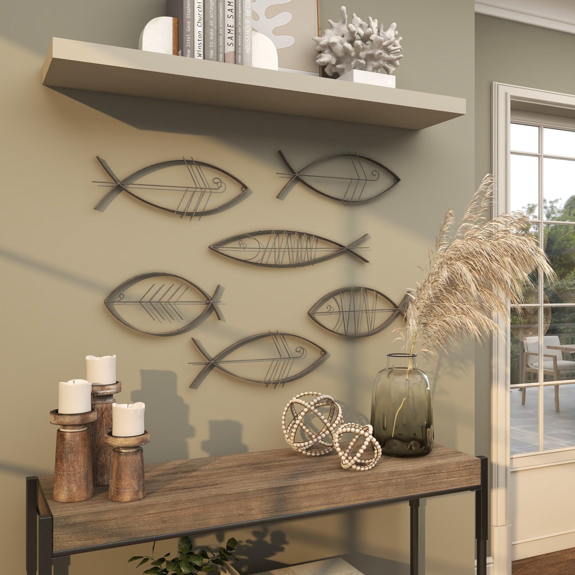 Set of 6 Fish Black Metal Indoor Outdoor Wire Home Wall Decor