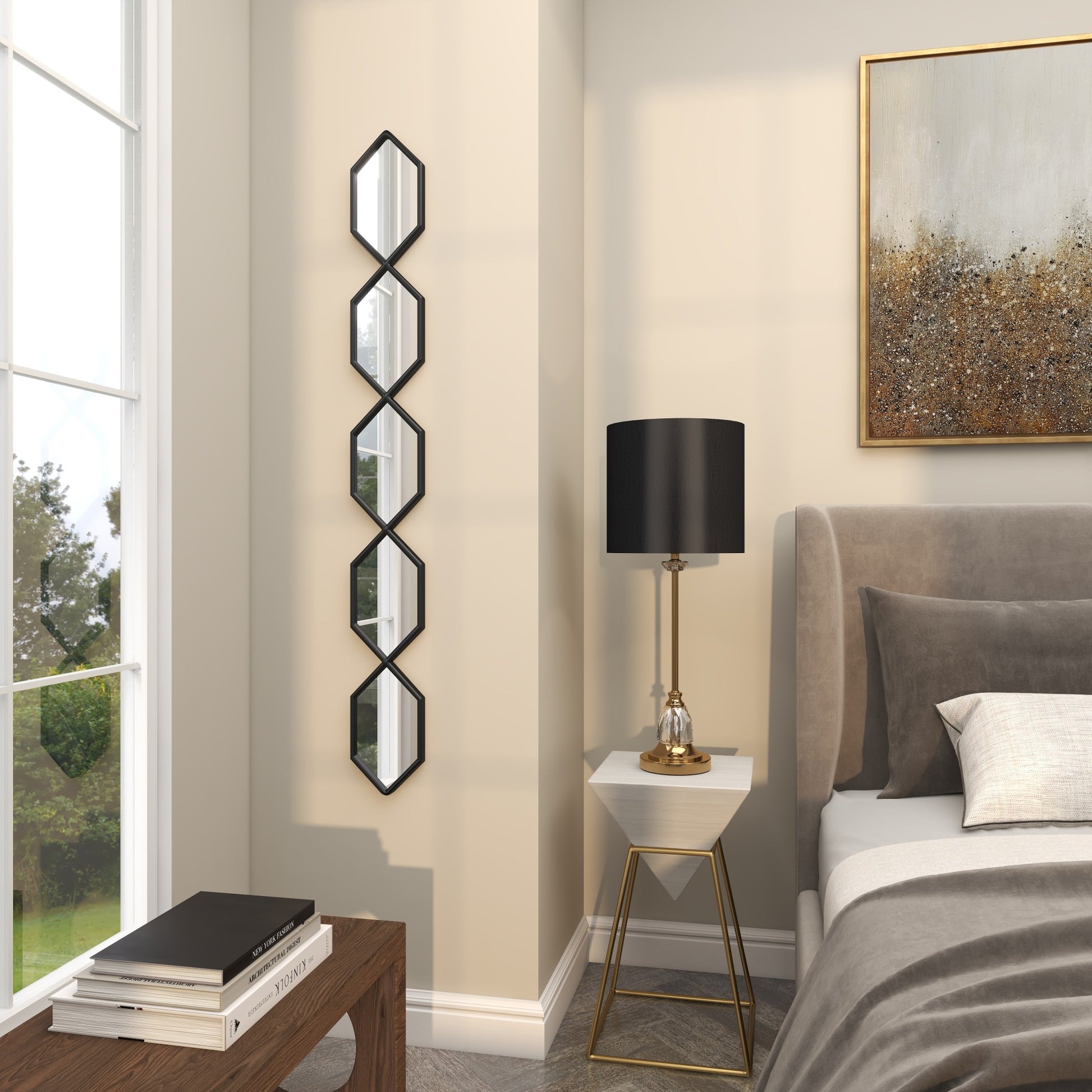 Geometric Metal Slim Stacked Chain 5 Layer Room Wall Mirror with Trellis Pattern 7" x 1" x 59"