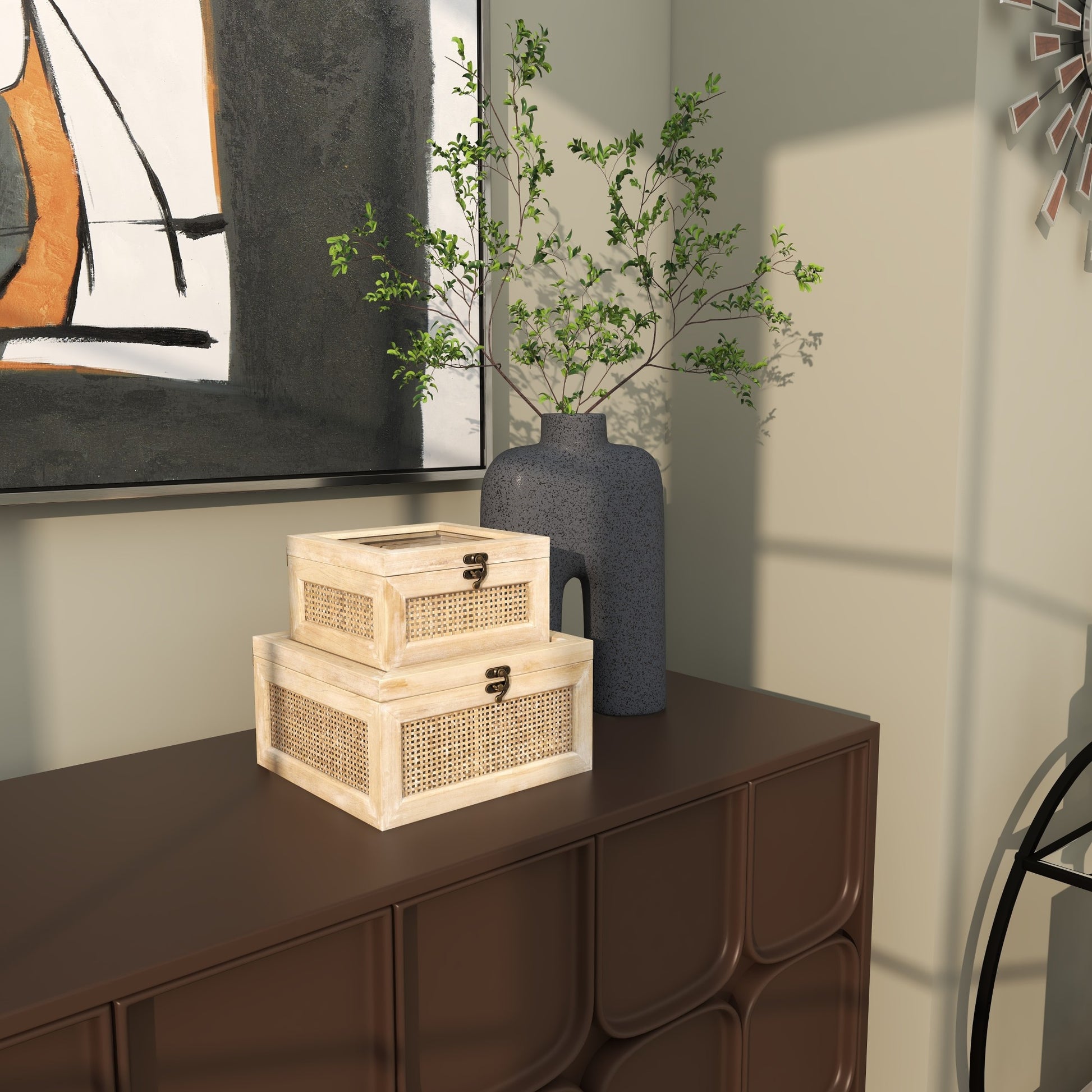 Set of 2 Light Brown Wood Glass Top Decorative Box with Rattan Side Panels and Bronze Hook Closures