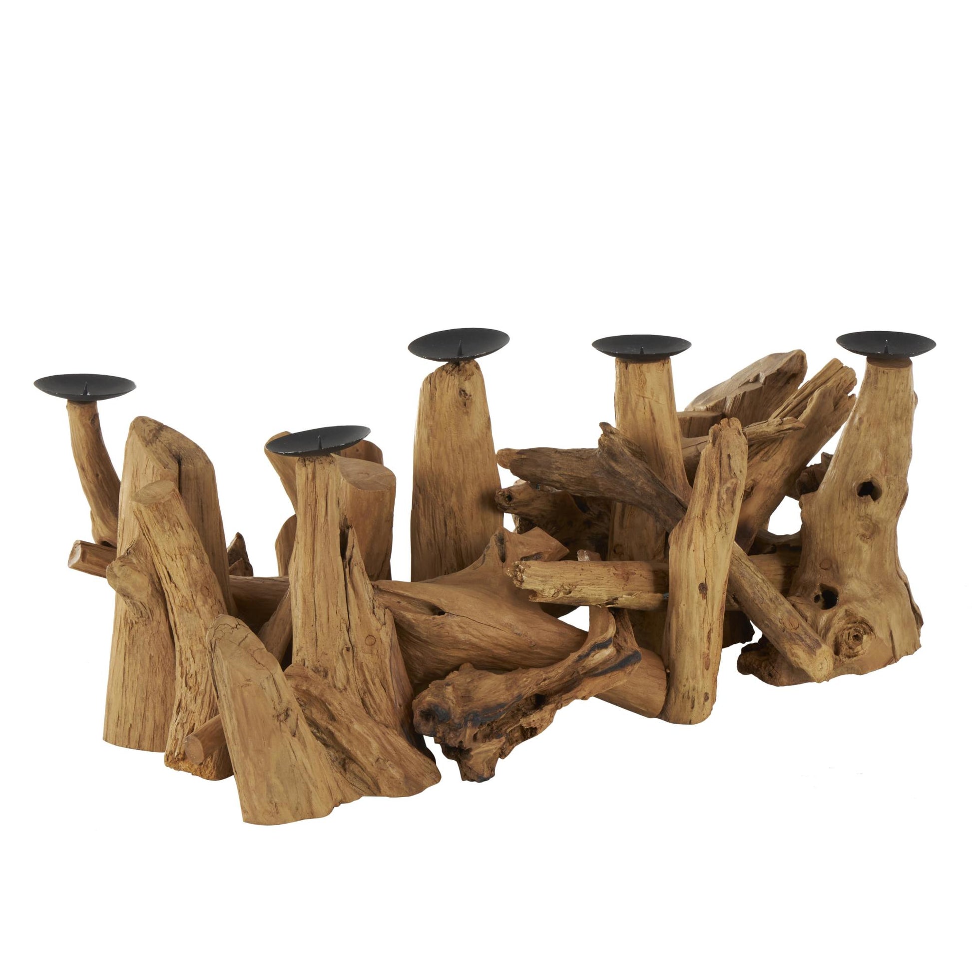 Brown Teak Wood Handmade Live Edge Decorative Candelabra
