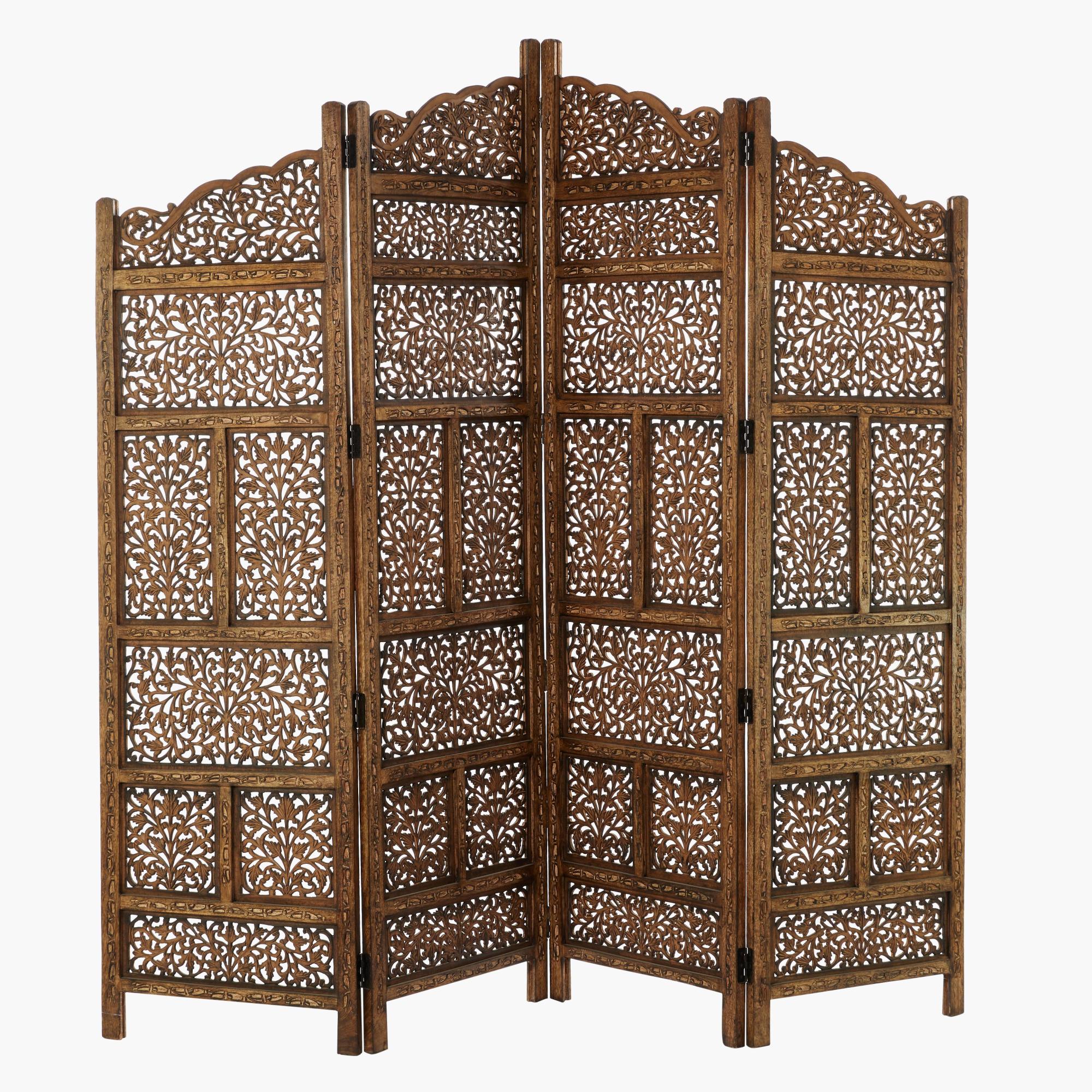 Floral Brown Wooden Handmade Foldable Partition 4 Panel Partition Room Divider Screen with Carved Designs