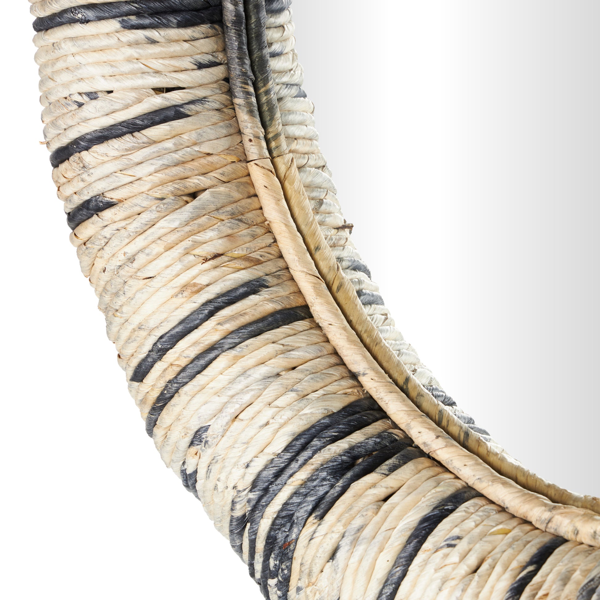 Beige Banana Leaf Room Wall Mirror with Coiled Frame and Blue Accents