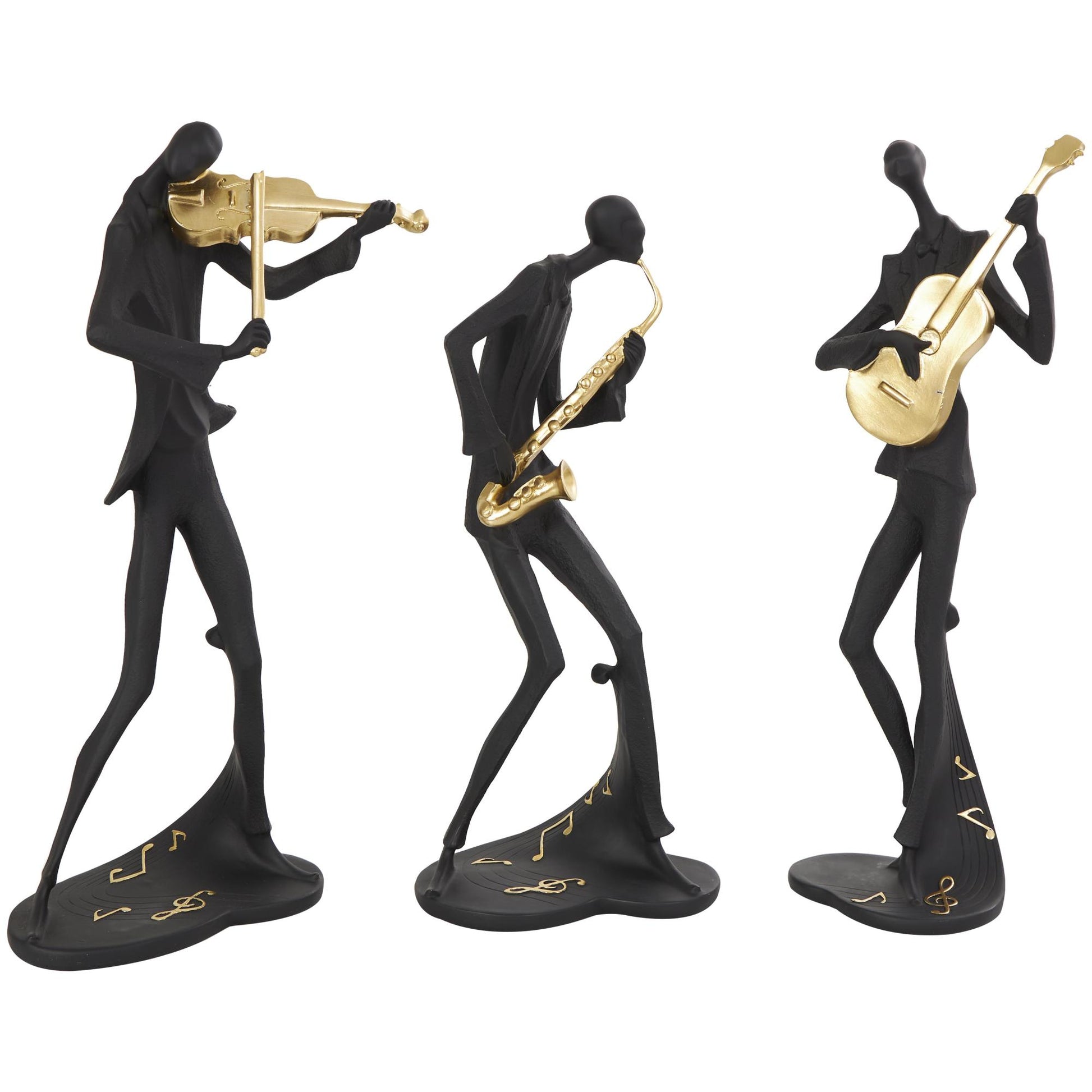 Set of 3 Musician Black Polystone Abstract Decorative Sculpture with Gold Instruments and Music Notes