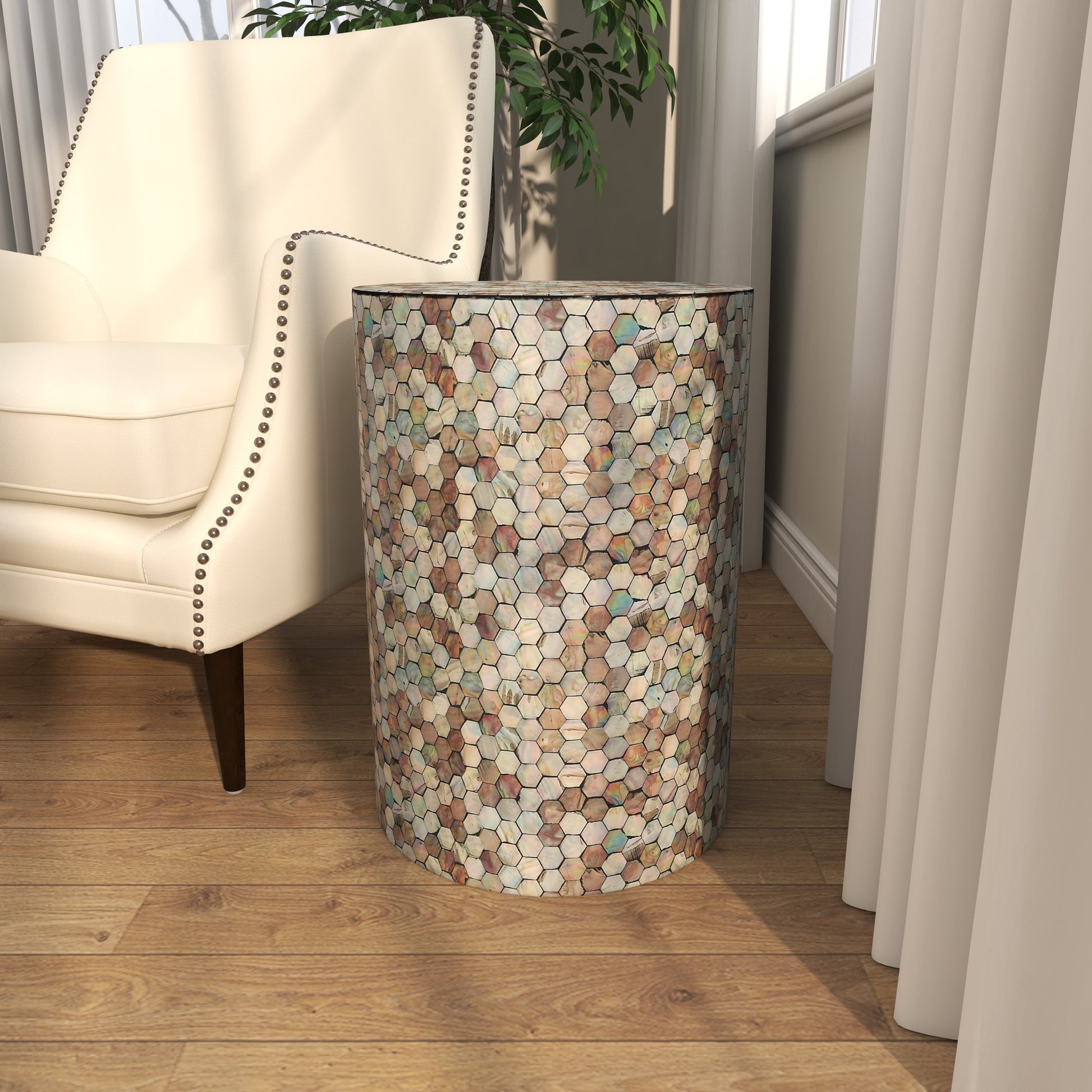 Geometric Mother of Pearl Shell Handmade Mosaic Drum Side End Accent Table