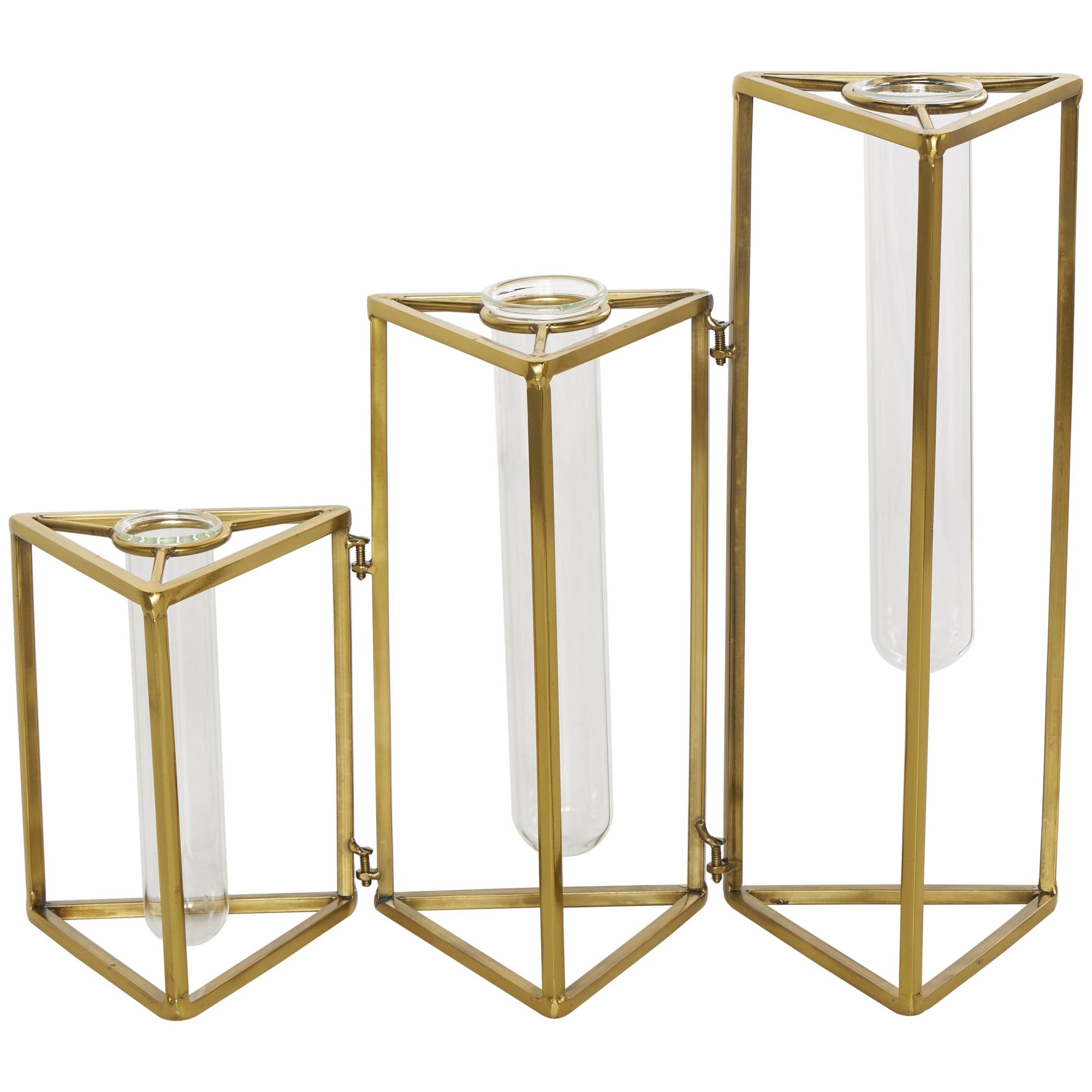 Geometric Gold Stainless Steel Metal Foldable Test Tube Bud Decorative Vase with Triangular Frames