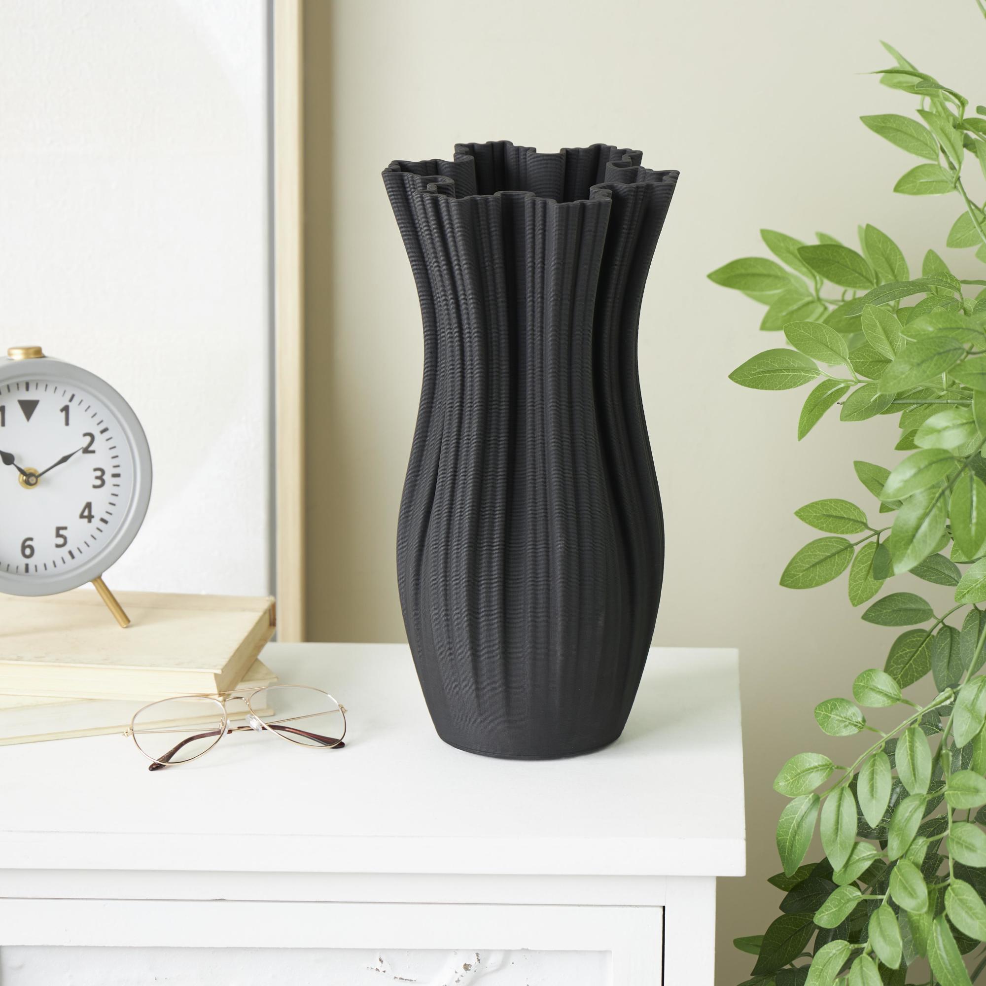 Abstract Black Ceramic Ribbed Tulip Inspired Decorative Vase with Floral Shaped Rim