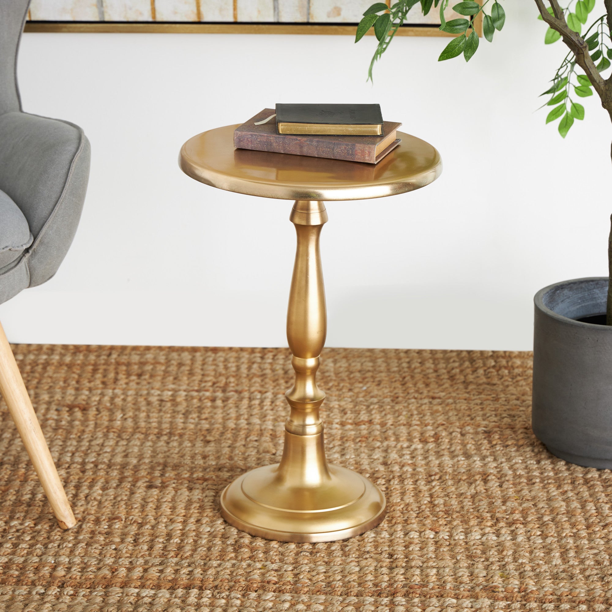 Gold Aluminum Metal Small Turned Pedestal Side End Accent Table