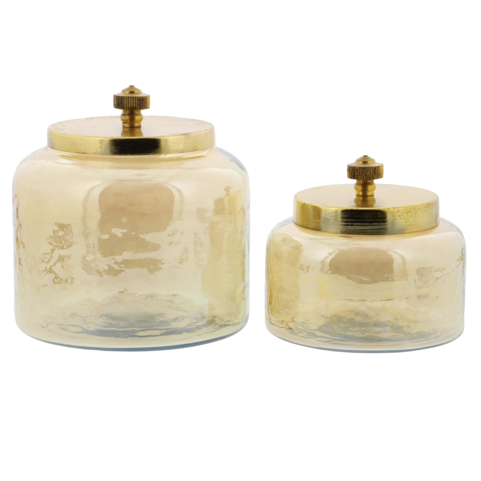 CosmoLiving by Cosmopolitan Set of 2 Gold Glass Living Room Decorative Jars with Metal Lids