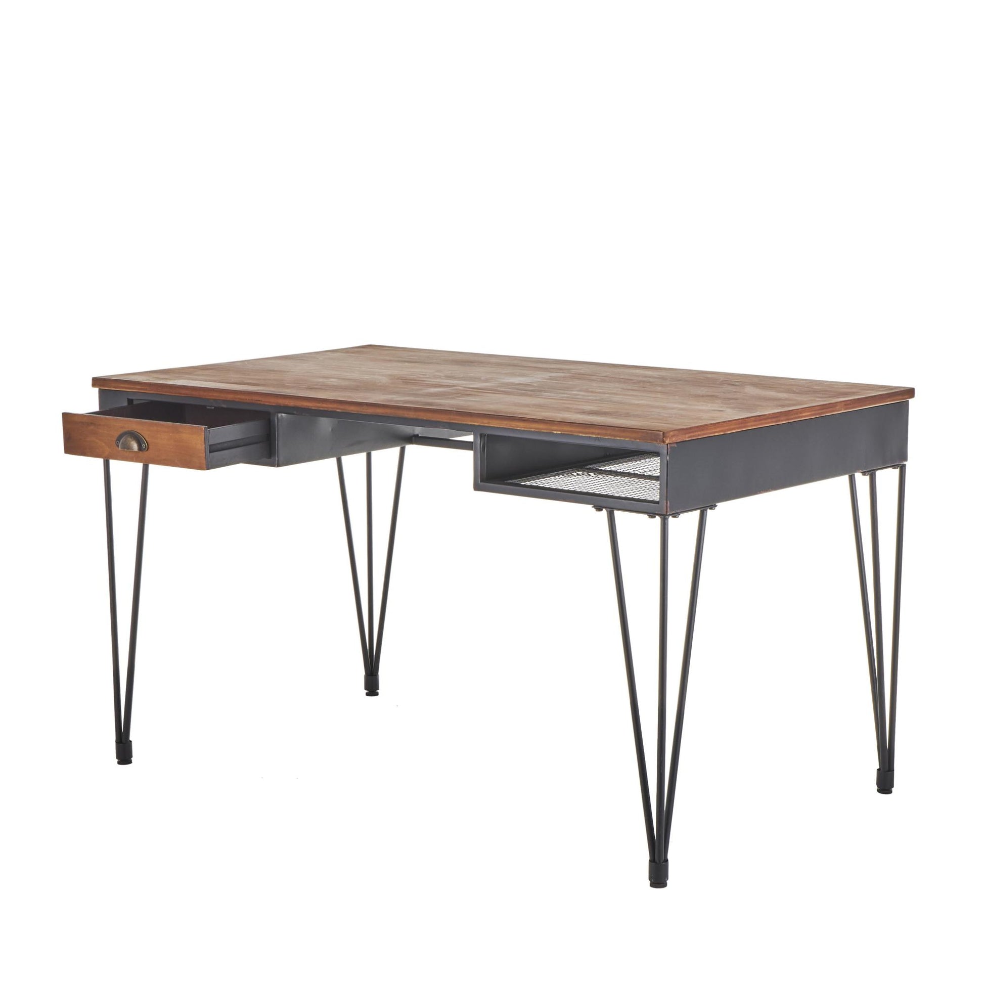 Black Metal Double Sided Living Room Desk with Brown Wooden Tabletop and Drawers
