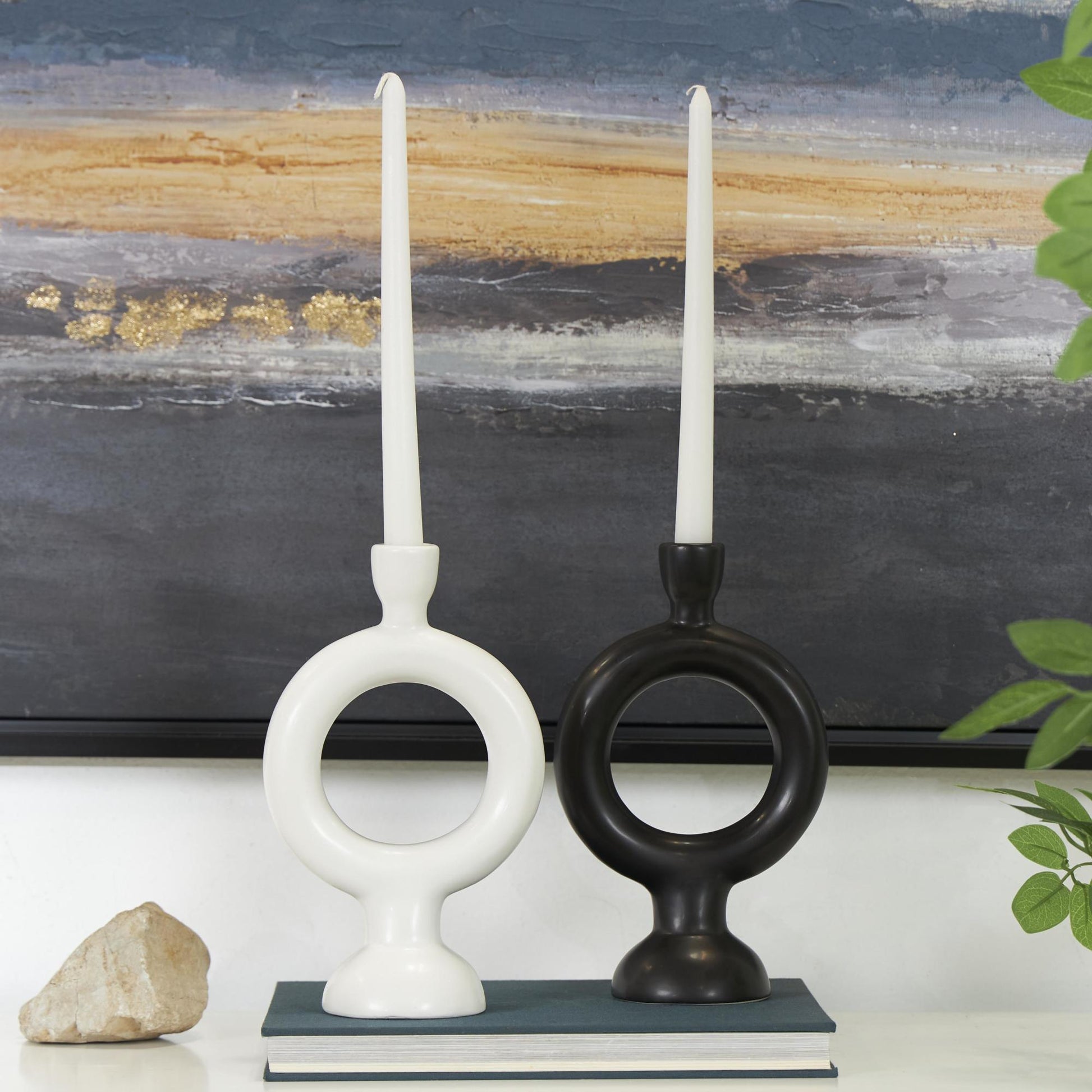 CosmoLiving by Cosmopolitan Set of 2 Geometric Black Ceramic Ring Decorative Candle Holder