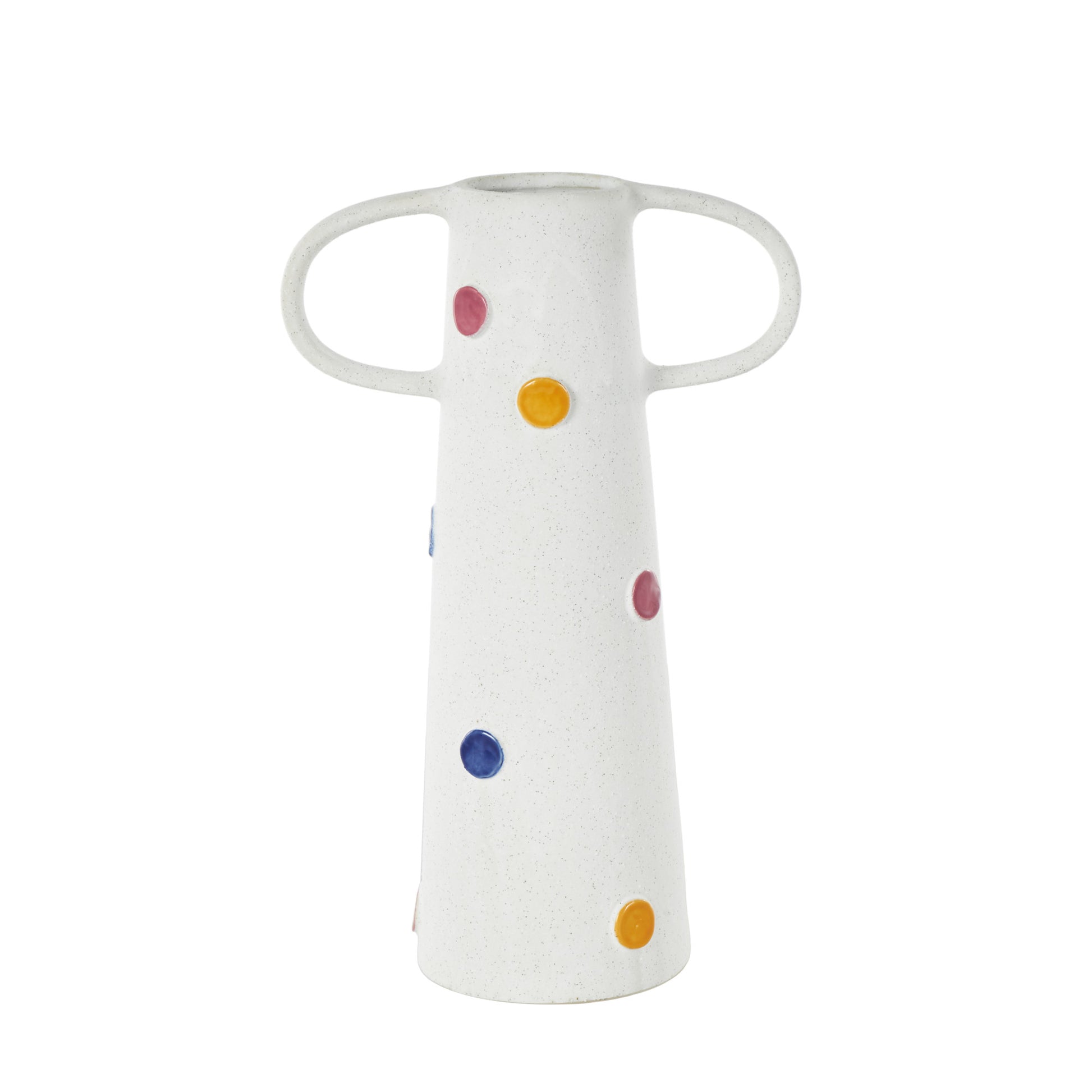 White Ceramic Slim Cone Decorative Vase with Multicolor Spots and Handles