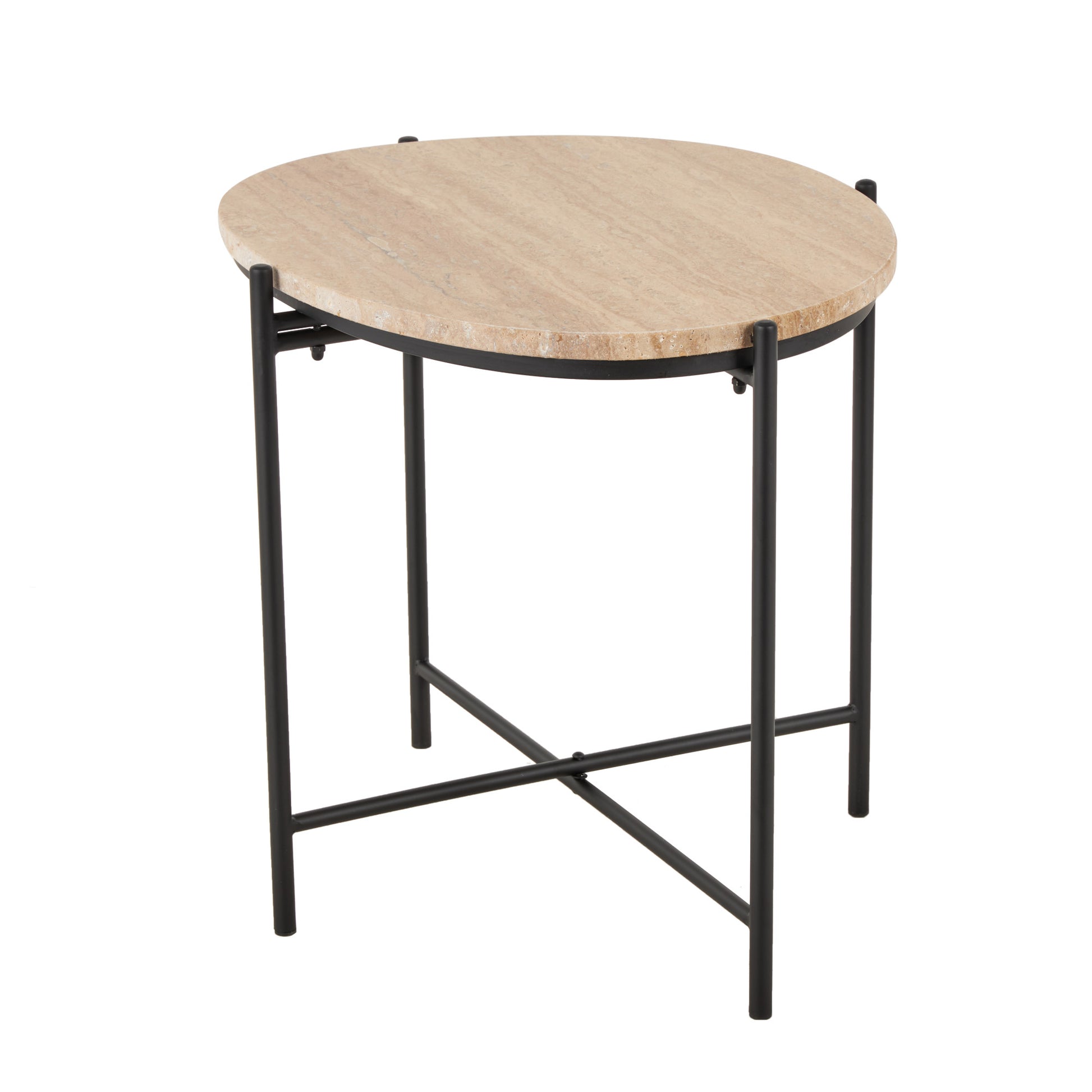 Beige Marble Round Side End Accent Table with Black Metal Support