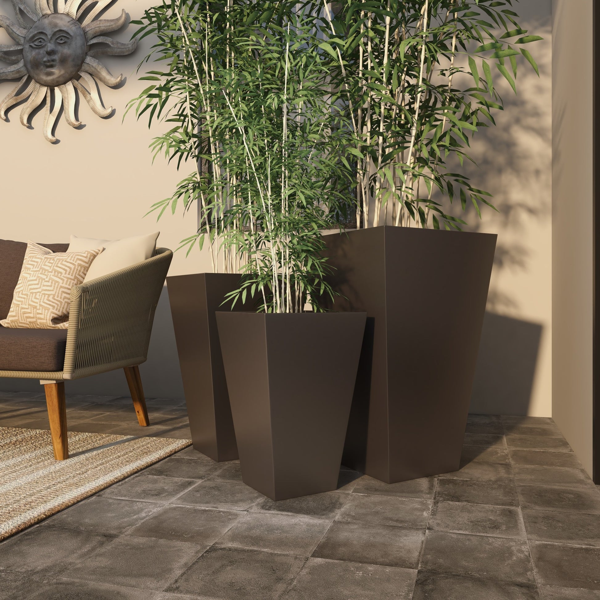Set of 3 Geometric Metal Light Weight Indoor Outdoor Planter with Tapered Base