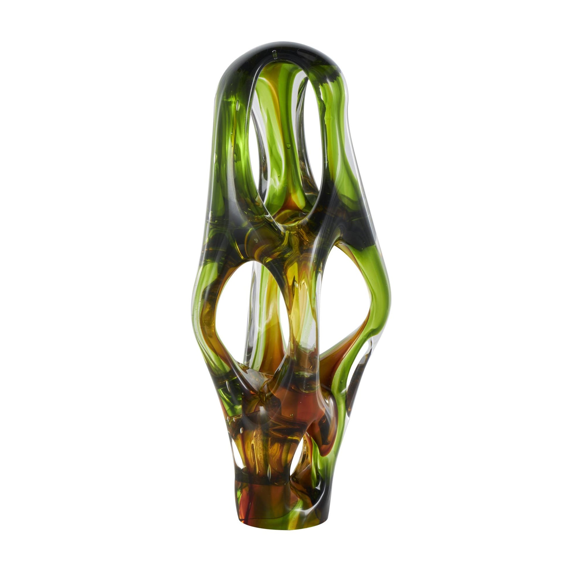 Abstract Green Glass Ombre Cutout Decorative Sculpture with Amber Accents