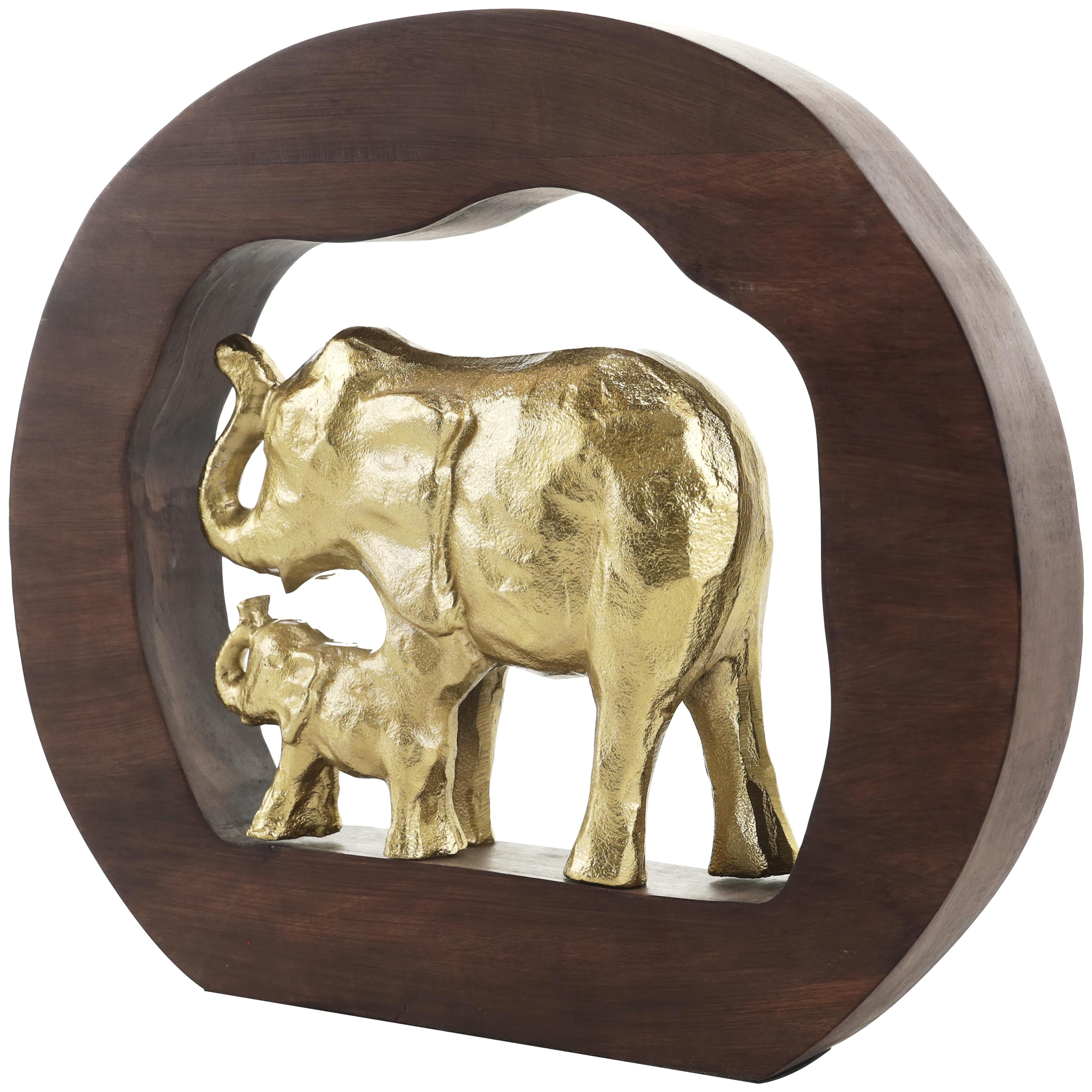 Elephant Gold Aluminum Metal Decorative Sculpture with Brown Wooden Frame