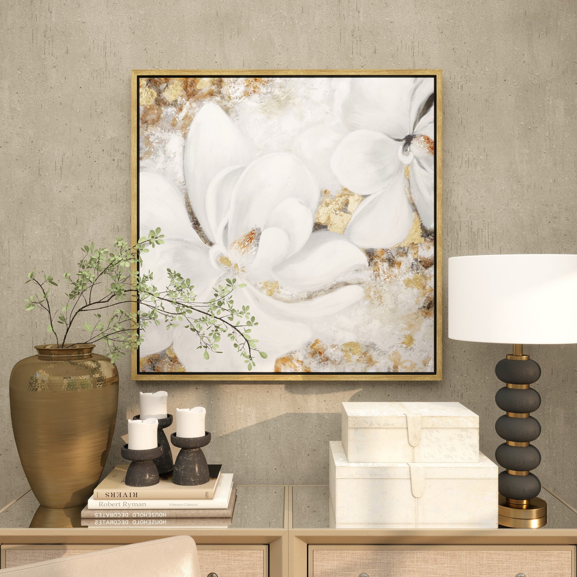 Floral White Canvas Living Room Framed Wall Art with Gold Foil Accents