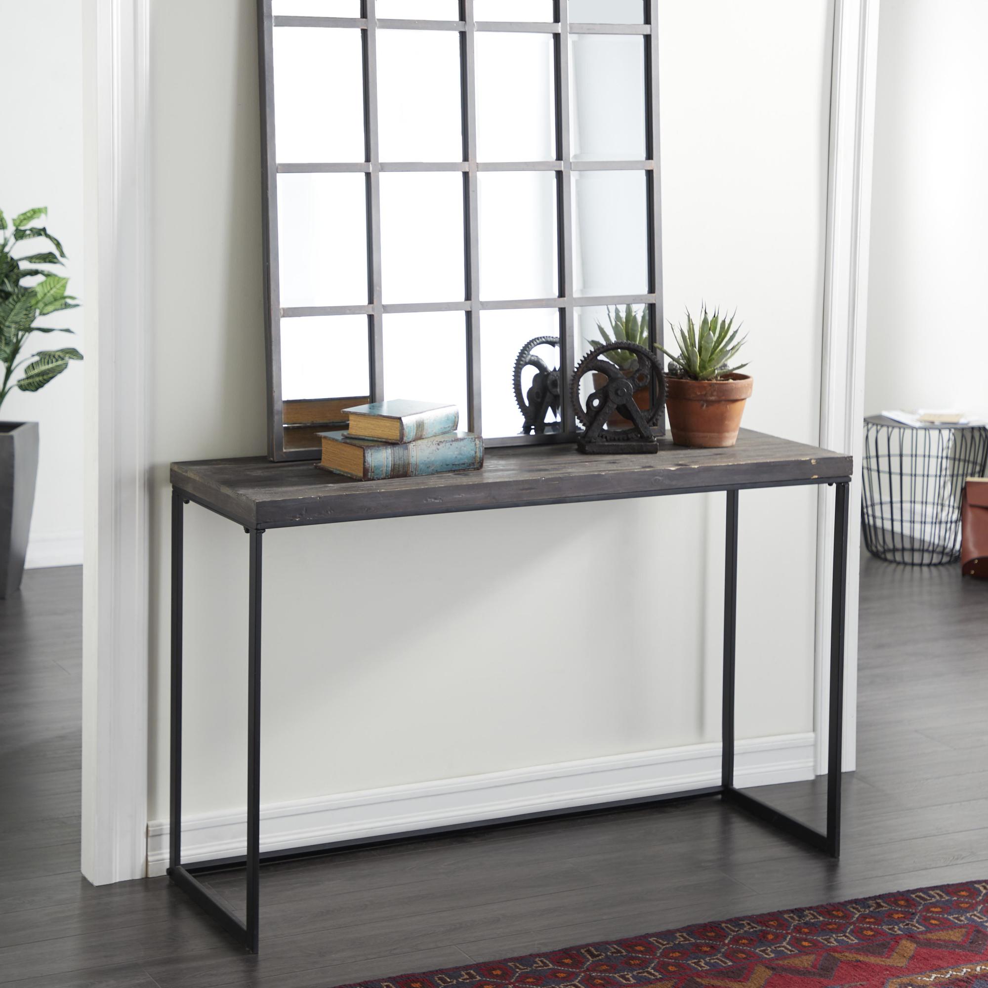 Dark Brown Wood Living Room Console Table with Black Metal Legs