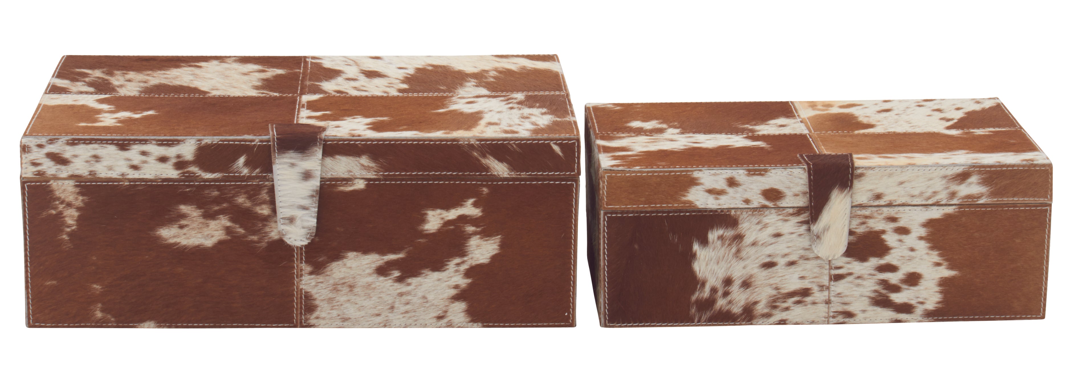 Set of 2 Leather Handmade Cowhide Storage Decorative Box with Stitching Detail