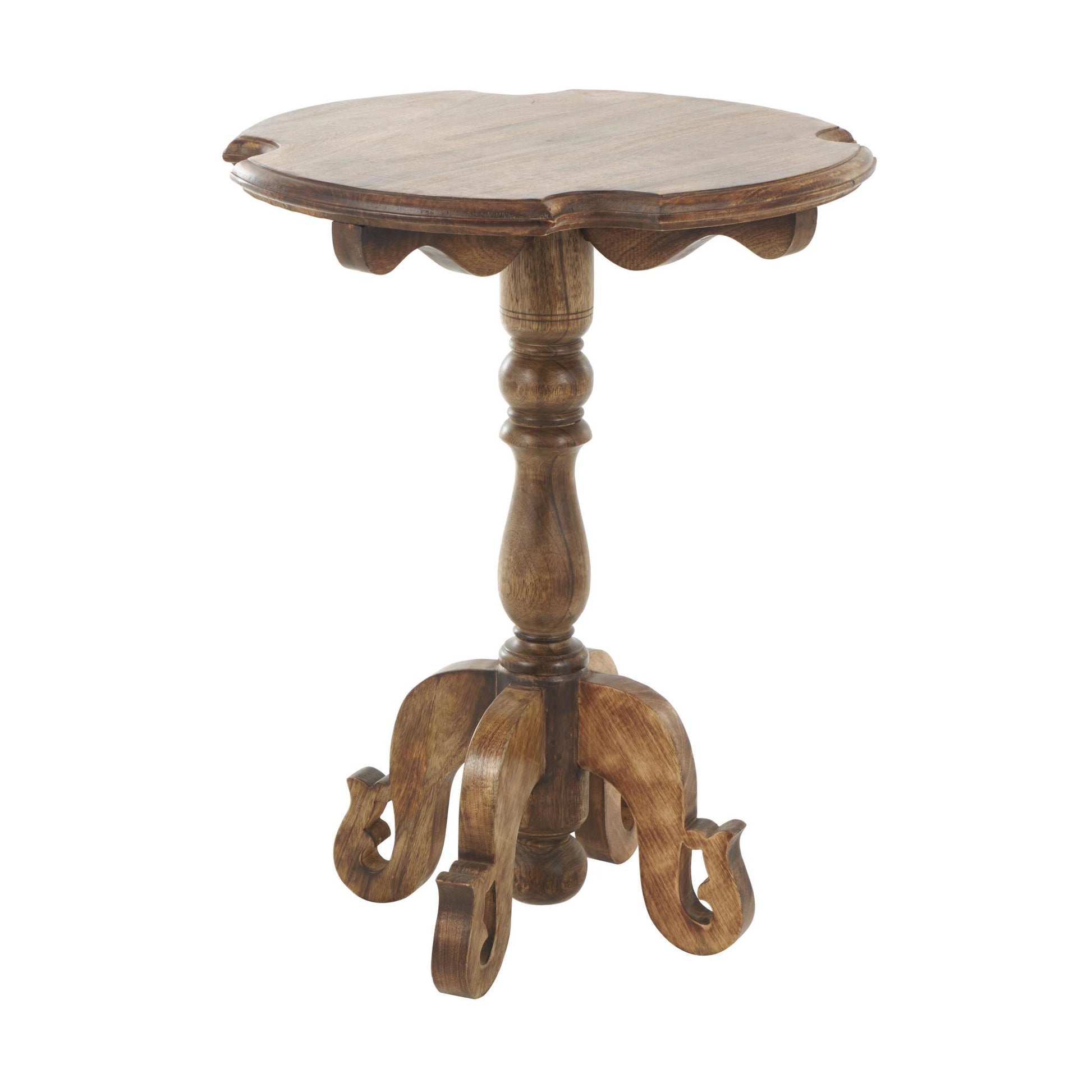 Brown Mango Wood Turned Side End Accent Table with Scrolled Legs and Cutout Tabletop