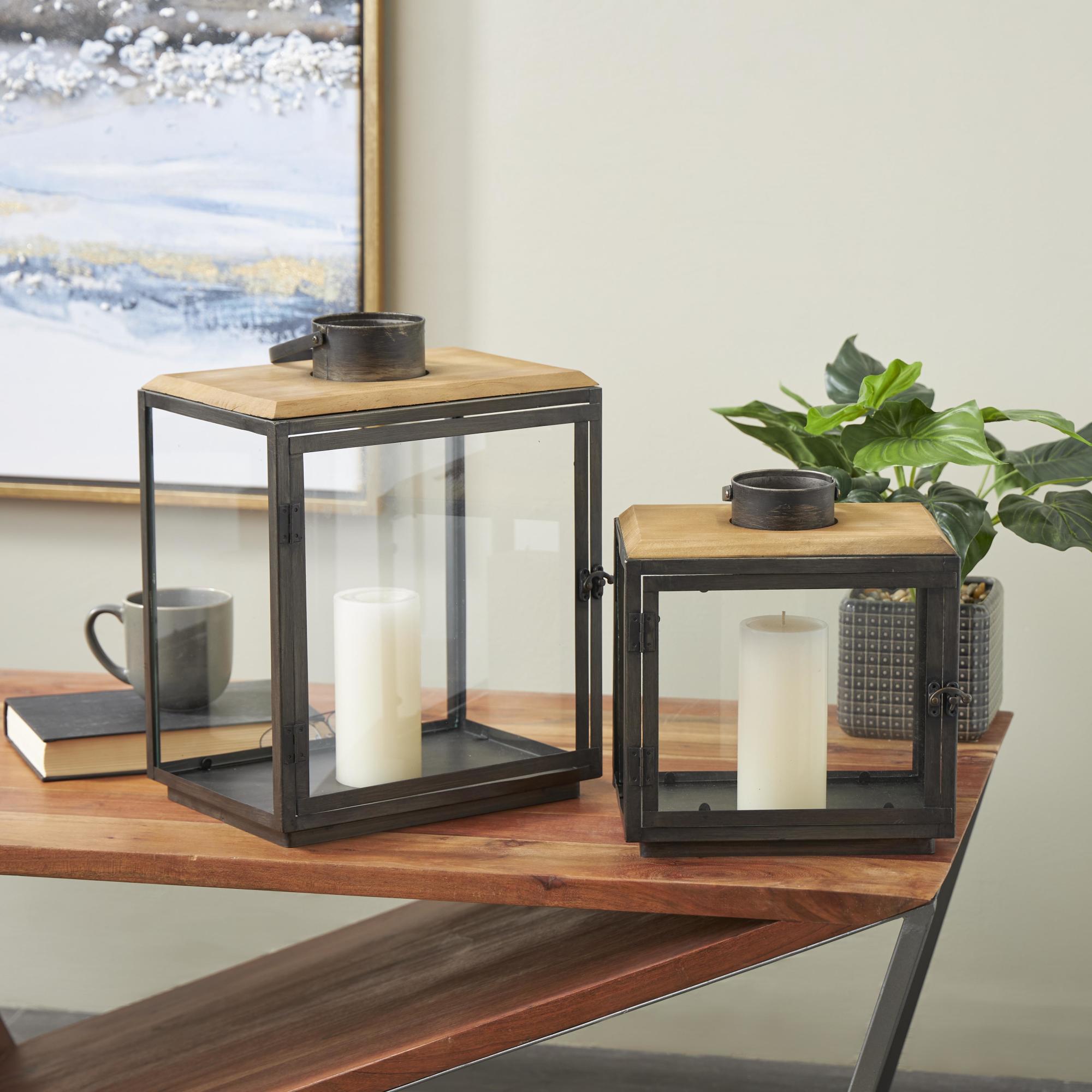 Set of 2 Dark Gray Metal Brushed Rectangular Indoor Outdoor Candle Lantern with Brown Wood Tops