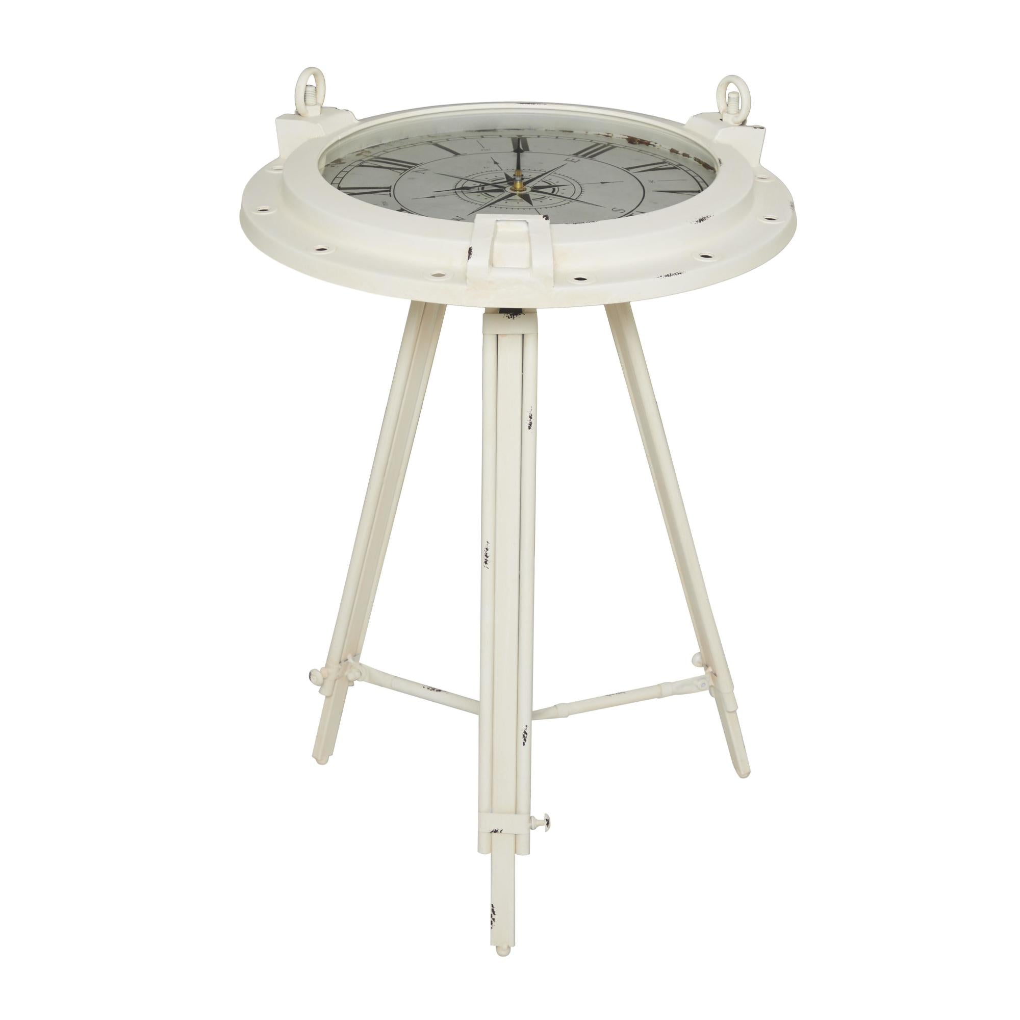 Compass Metal Side End Accent Table with Clock and Clear Glass Top 19" x 19" x 24"