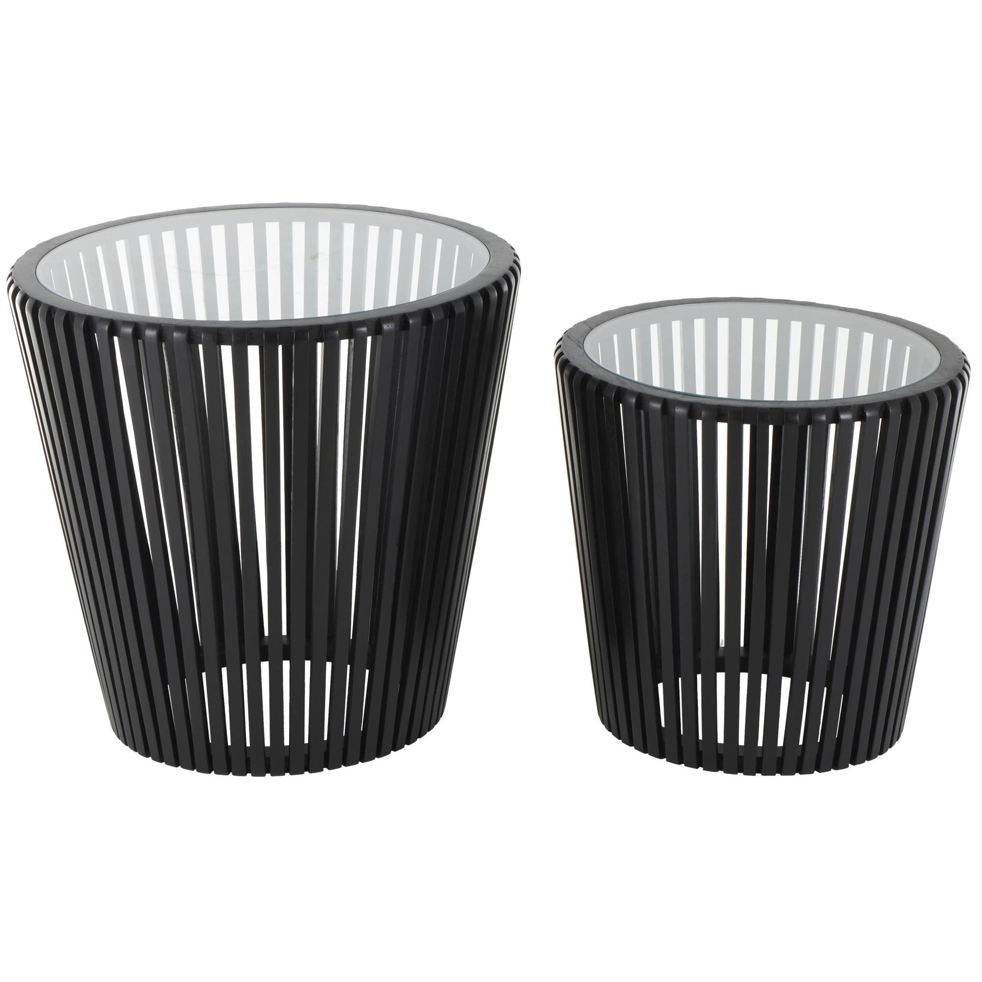 Set of 2 Black Wood Cage Inspired Side End Accent Table with Clear Glass Tabletop