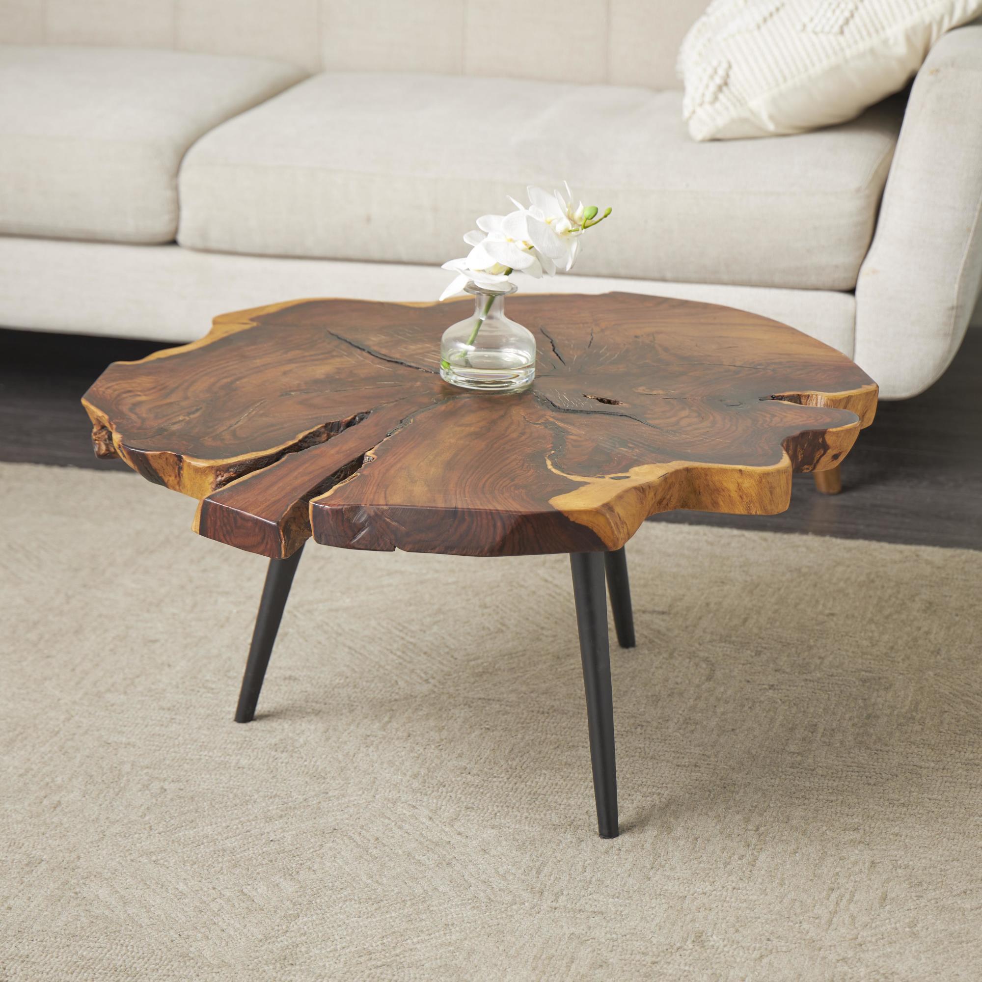 Brown Wood Handmade Live Edge Top Living Room Coffee Table with Black Metal Tripod Legs