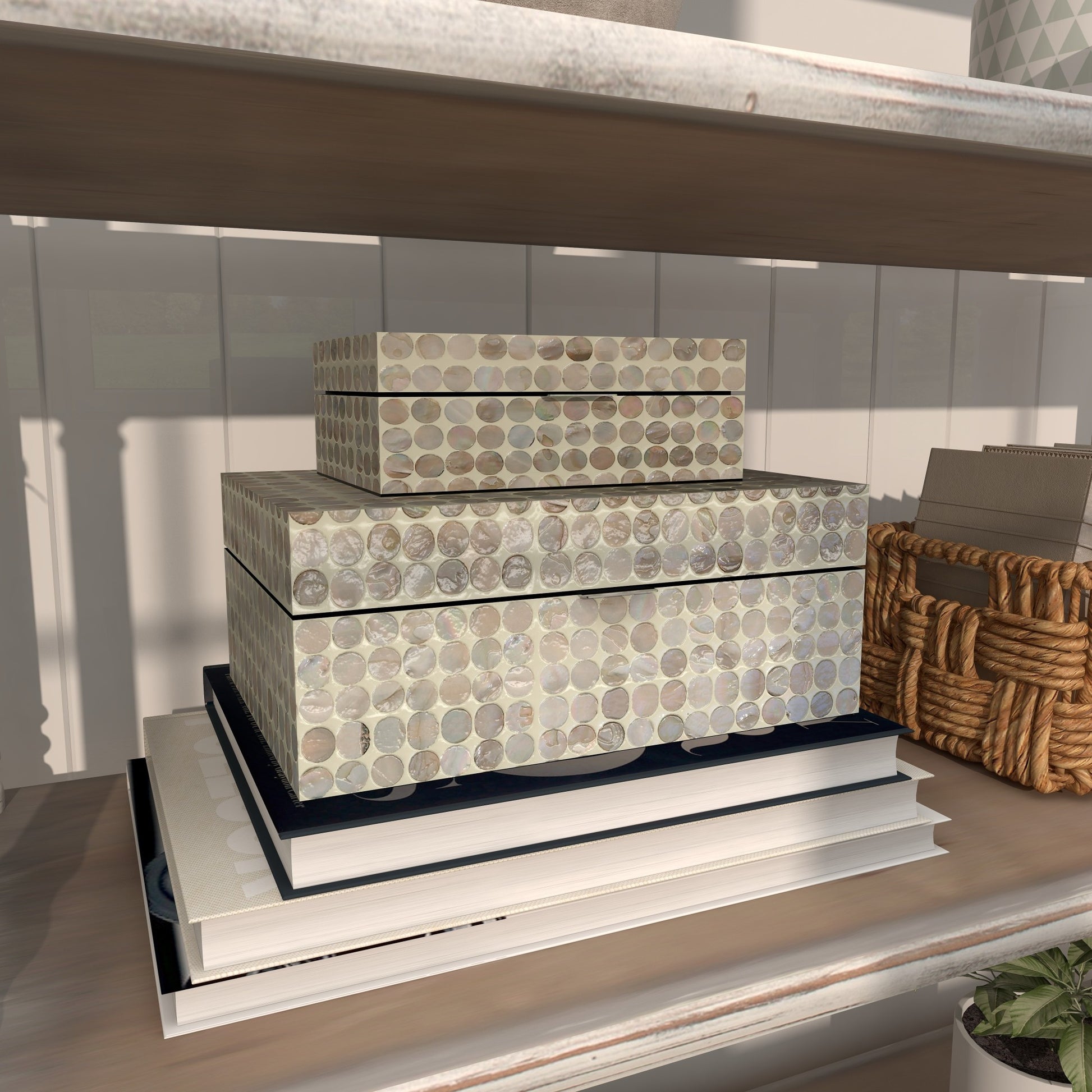 Set of 2 Geometric Beige Mother of Pearl Shell Handmade Decorative Box with Hinged Lid