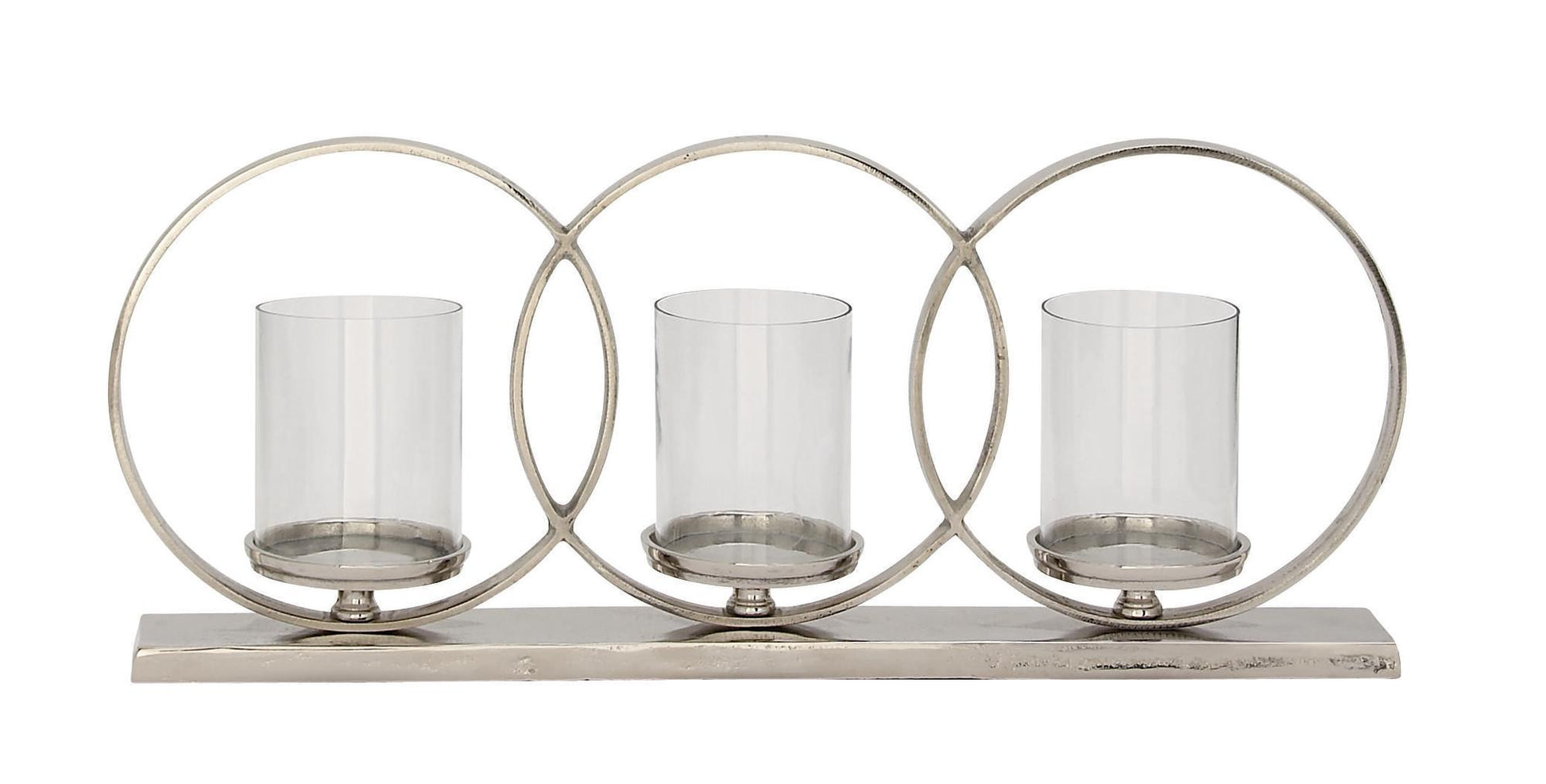 Geometric Silver Aluminum Metal Overlapping Rings Pillar 3 Plate Decorative Candelabra