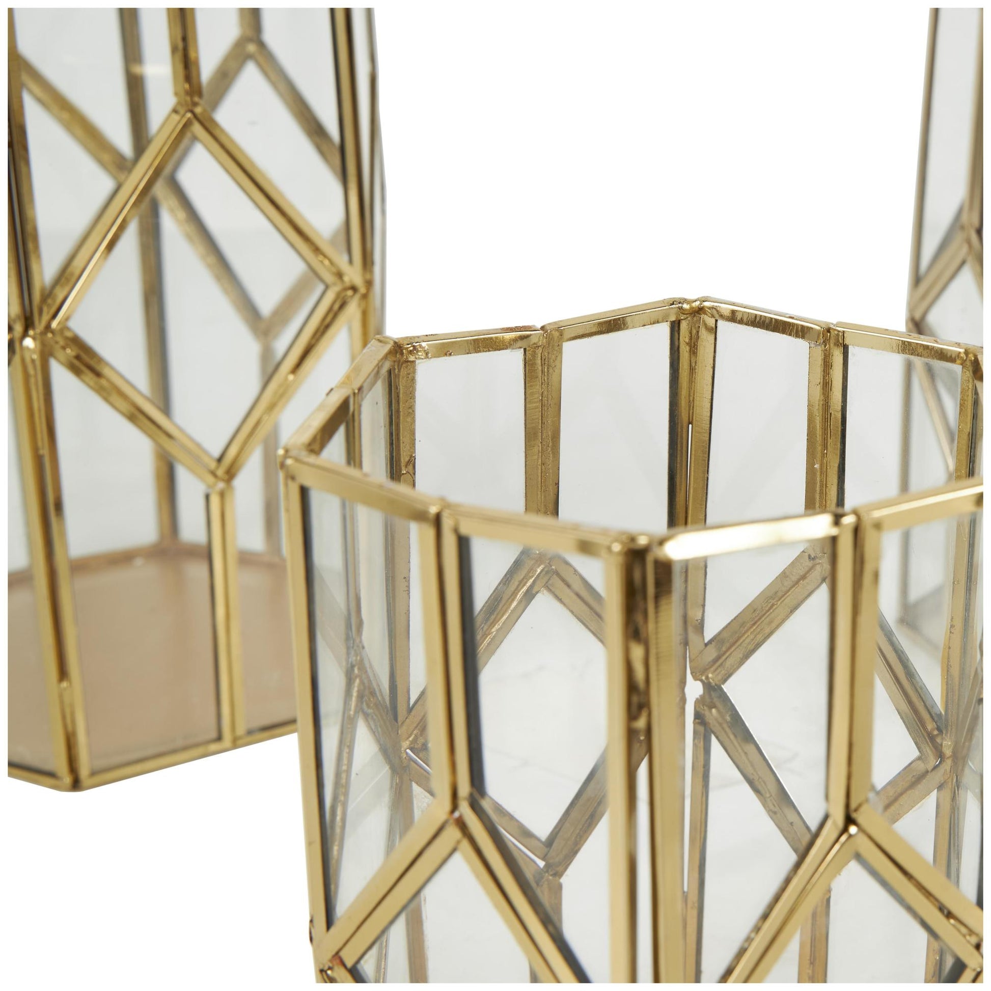 CosmoLiving by Cosmopolitan Set of 3 Geometric Gold Metal Diamond Patterned Hexagon Indoor Outdoor Candle Lantern with Clear Glass