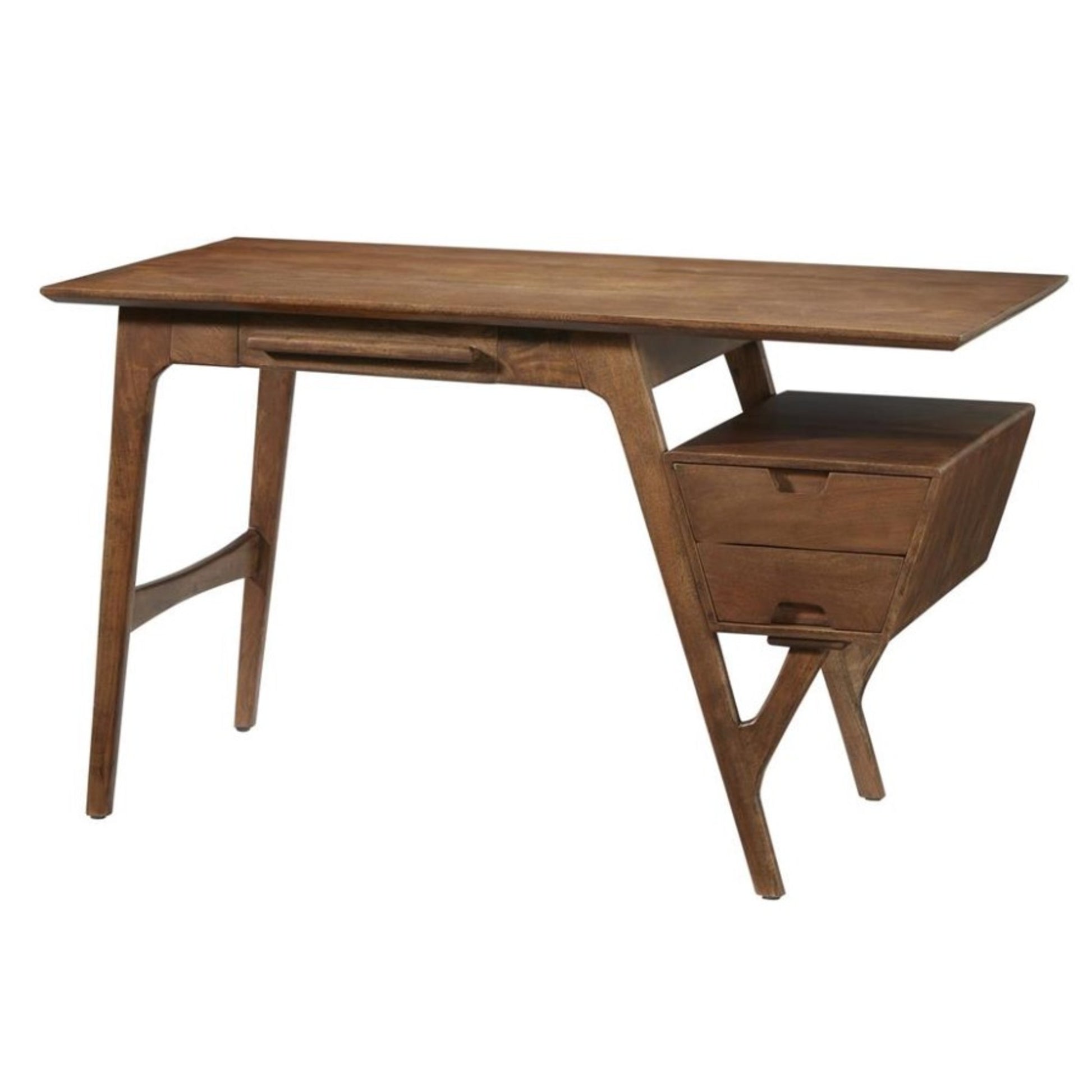 Geometric Brown Wood 3 Drawer Desk with Trapezoid Floating Side Shelf